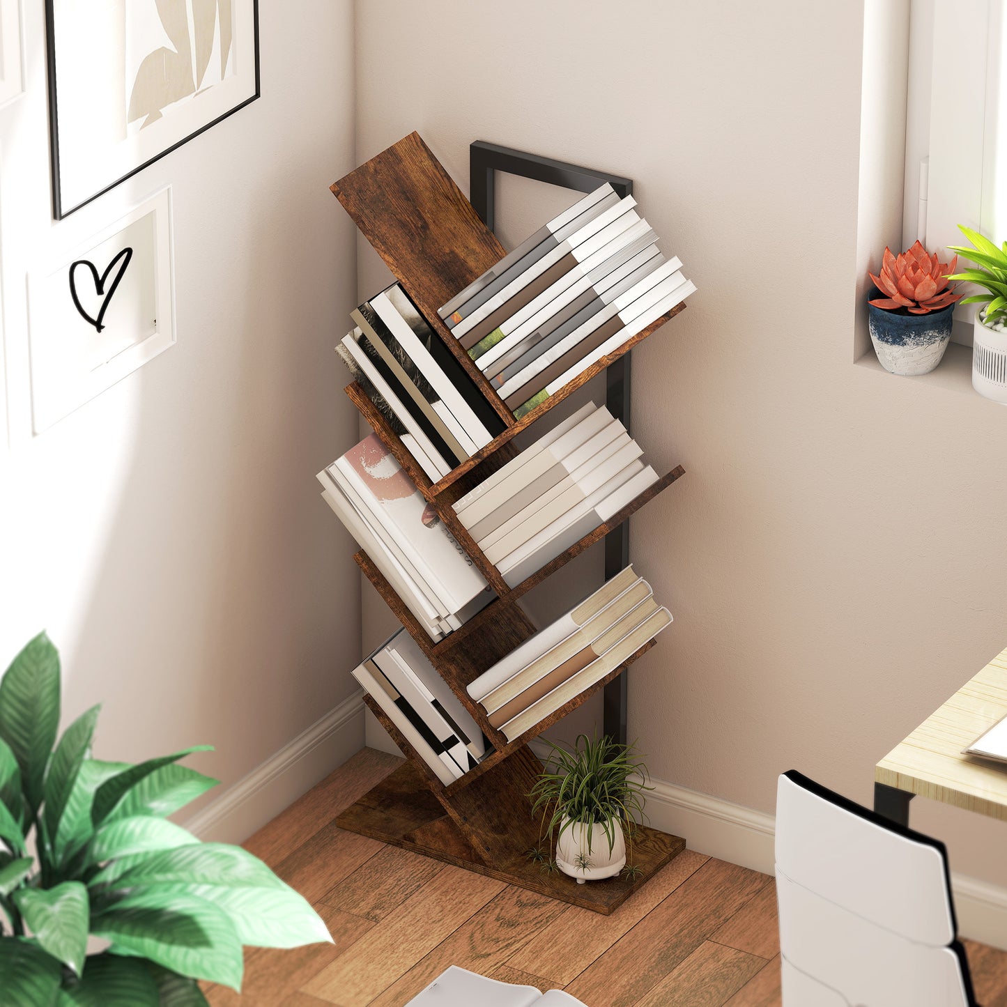 Tree-Shaped Bookshelf, 7-Tier, Rustic Brown, Space-Saving