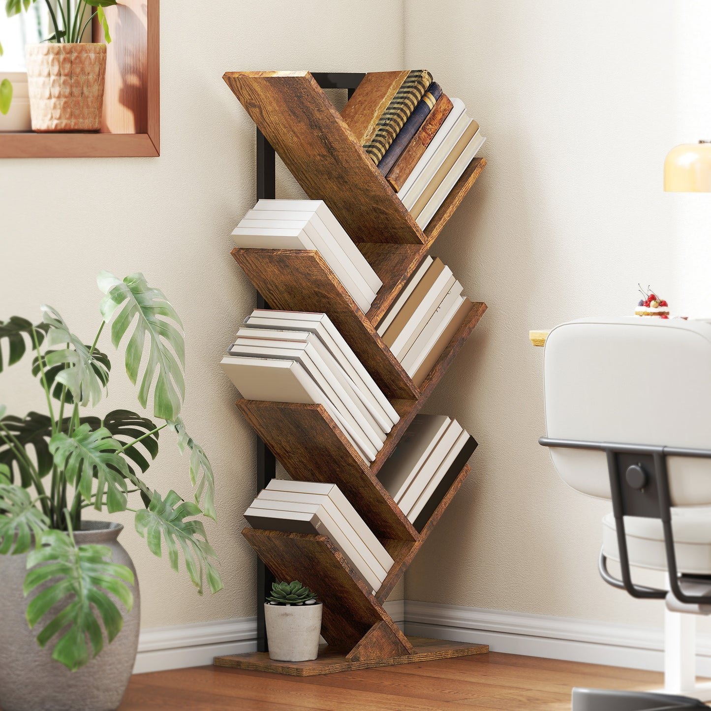 Tree-Shaped Bookshelf, 7-Tier, Rustic Brown, Space-Saving