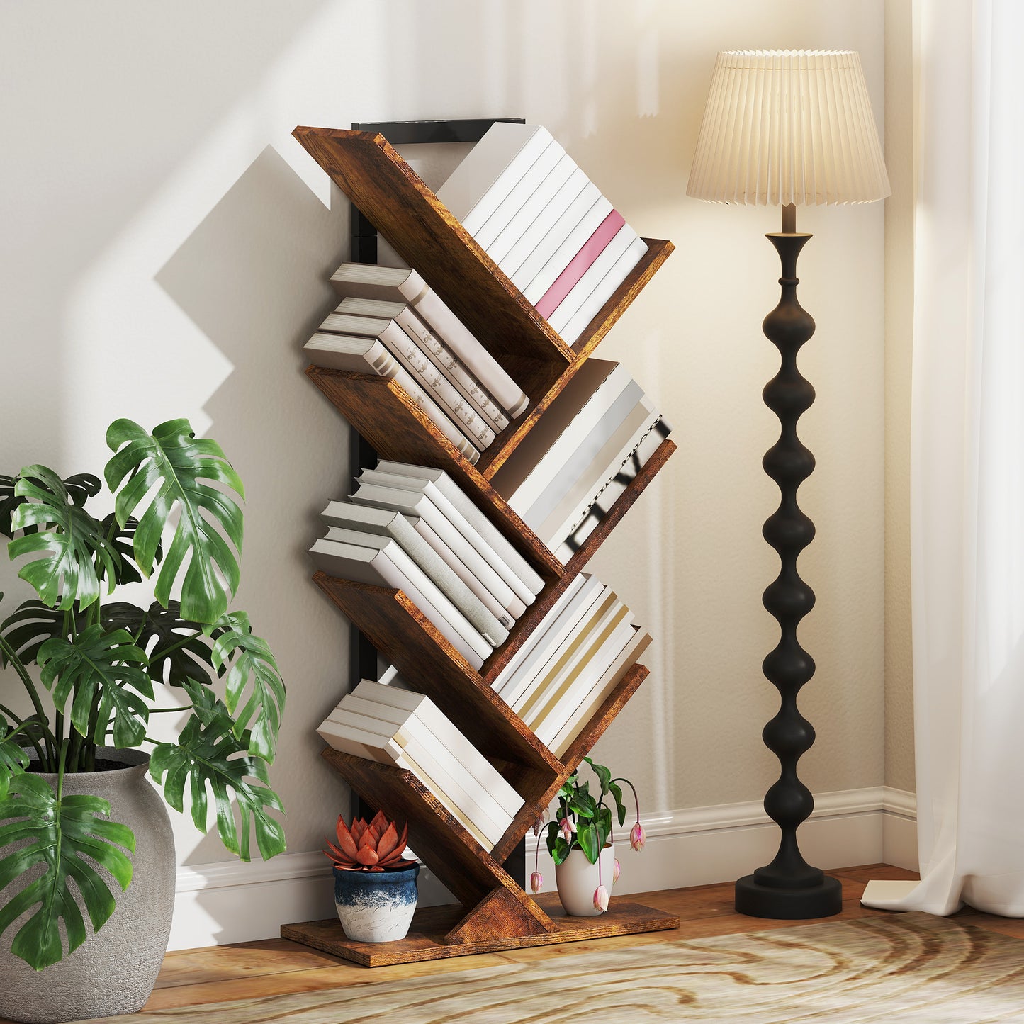 Tree-Shaped Bookshelf, 7-Tier, Rustic Brown, Space-Saving