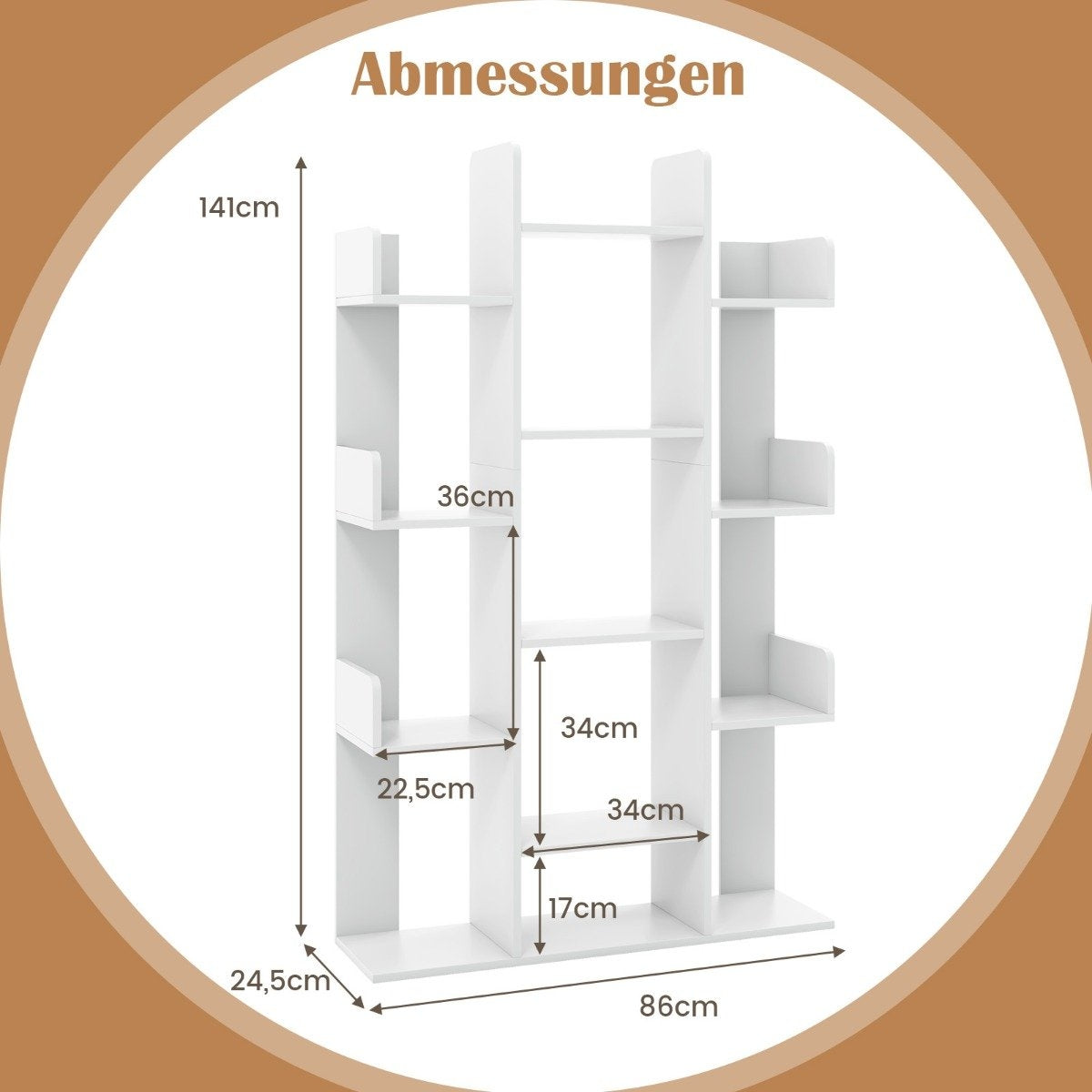 Tree-shaped bookcase with 13 open compartments 86 x 24.5 x 141 cm white