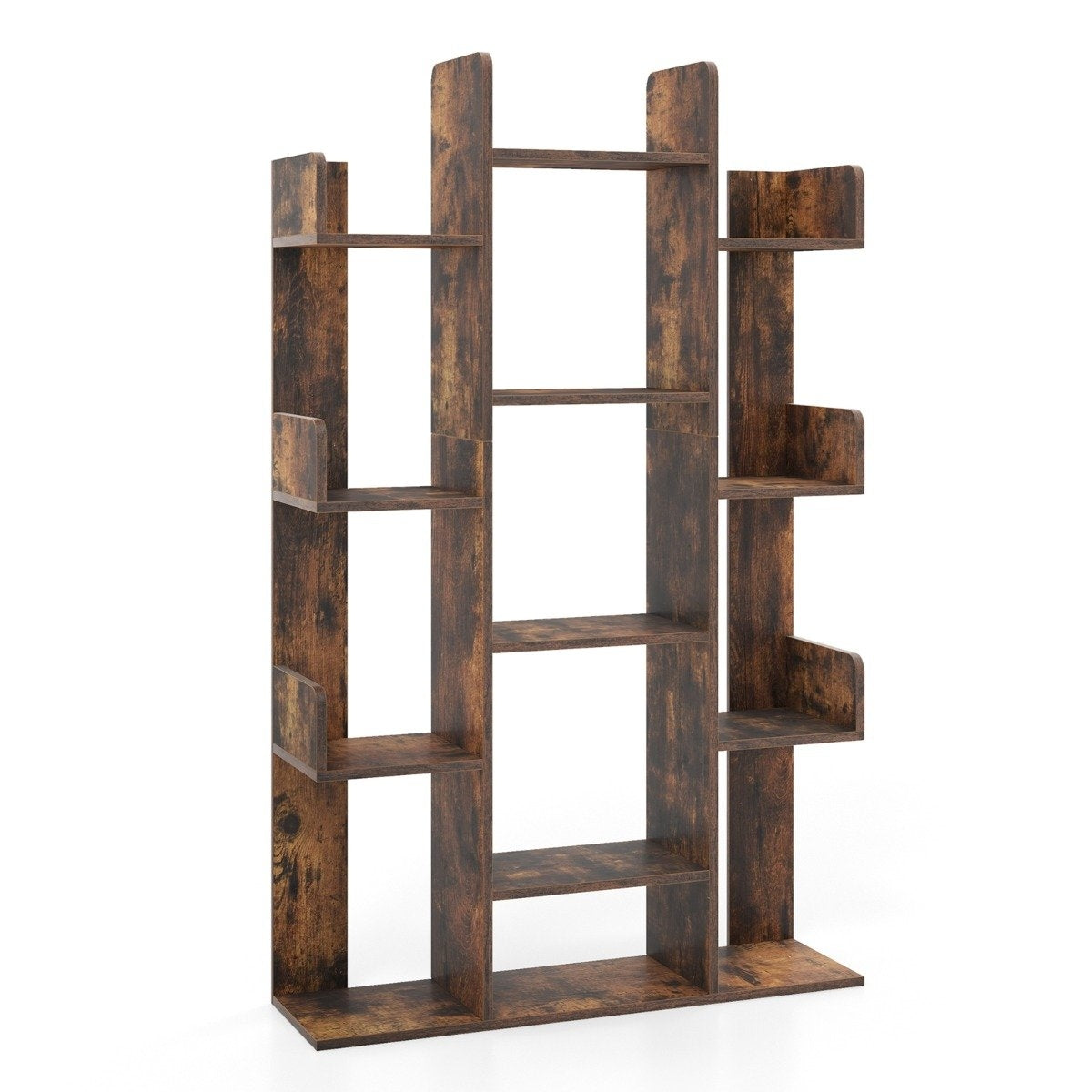Tree-shaped bookcase with 13 open compartments, storage shelf, wooden shelf, 86 x 24.5 x 141 cm, brown