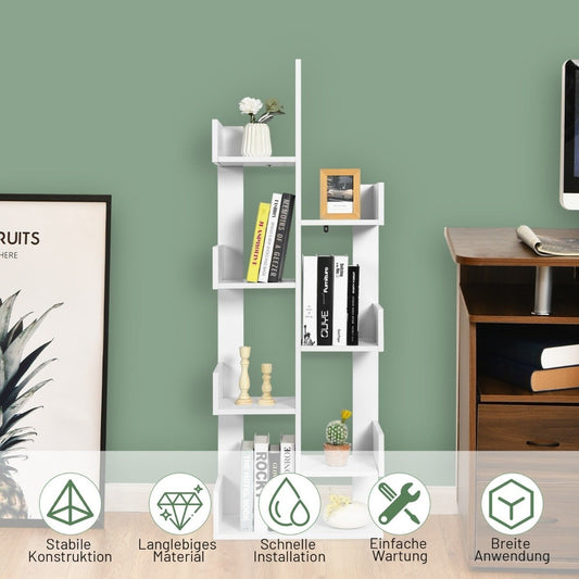 Tree-shaped bookcase with 8 compartments, standing shelf, storage shelf, 50 x 25 x 145 cm, white