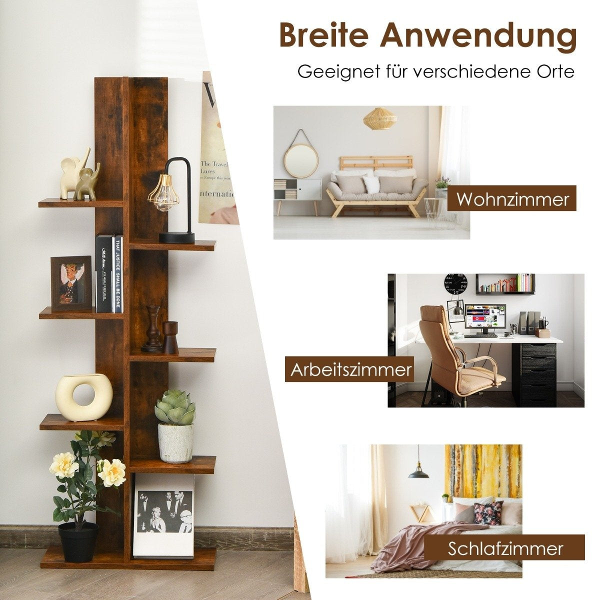Tree-shaped bookcase with 8 shelves, free-standing shelf, office shelf, 50 x 20 x 141 cm, brown