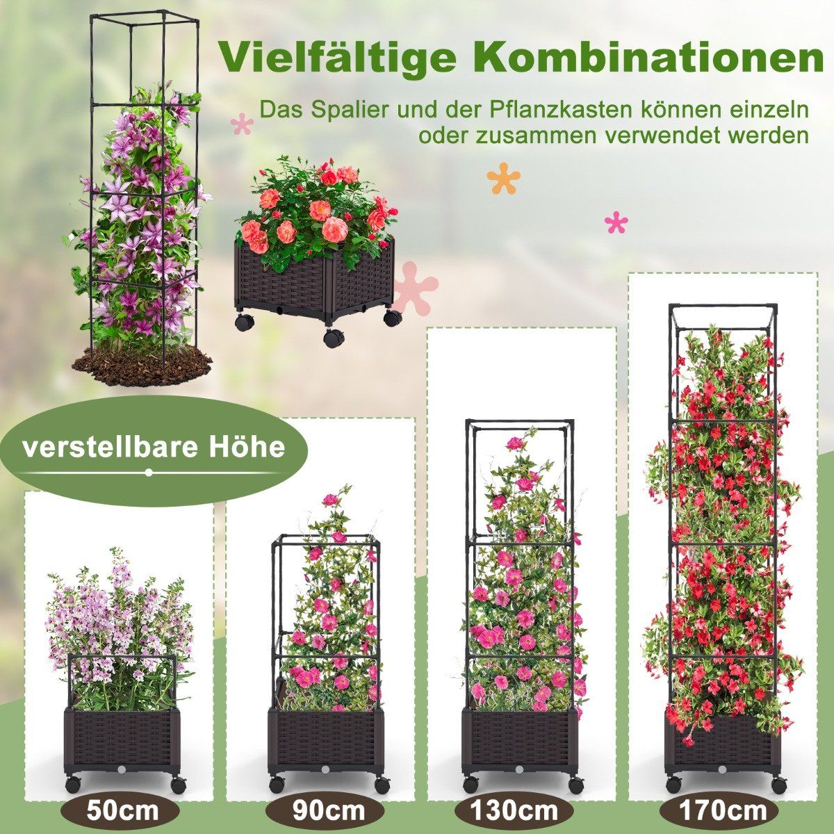Trellis with flower box on wheels Height-adjustable garden obelisk 40 x 40 x 170 cm