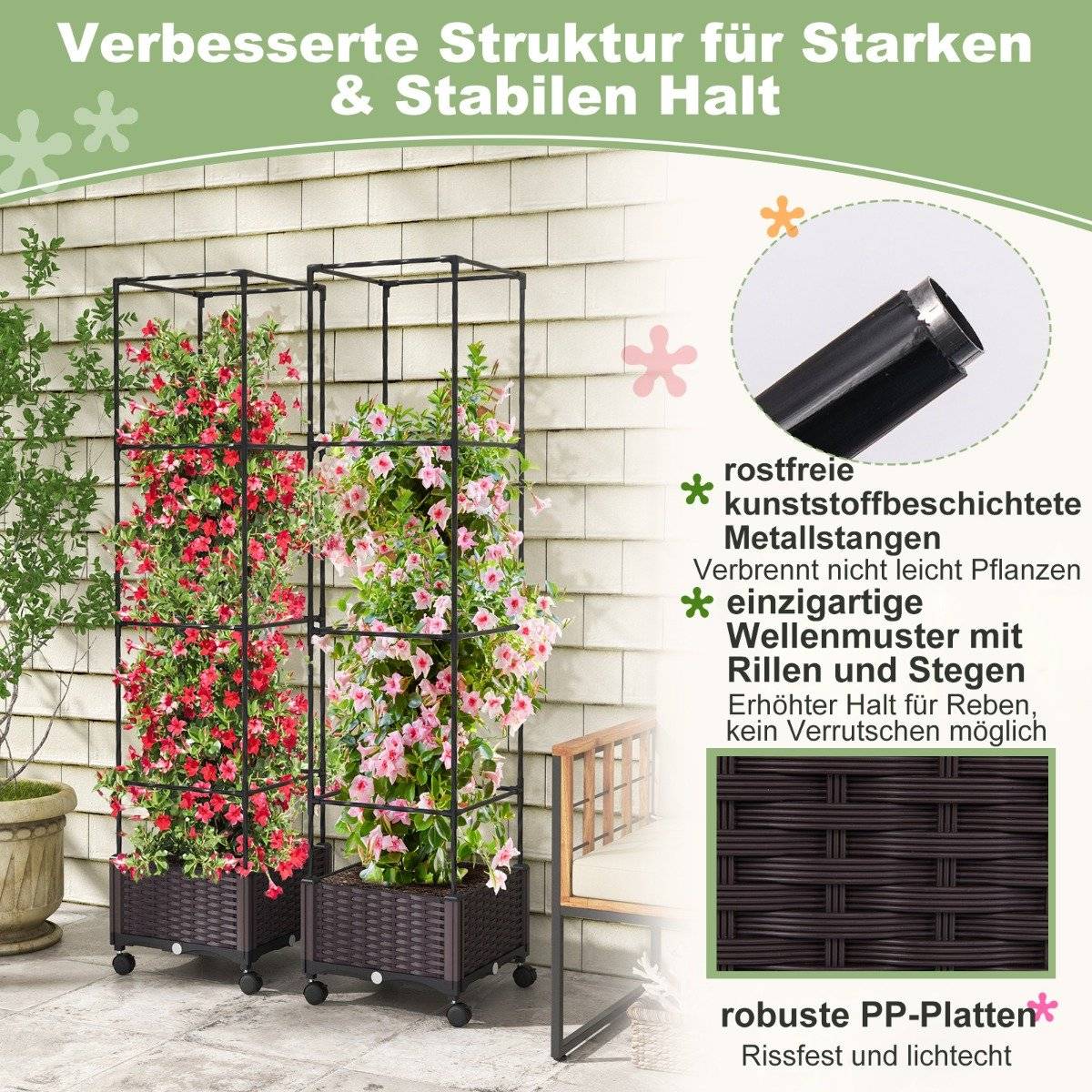 Trellis with flower box on wheels Height-adjustable garden obelisk 40 x 40 x 170 cm