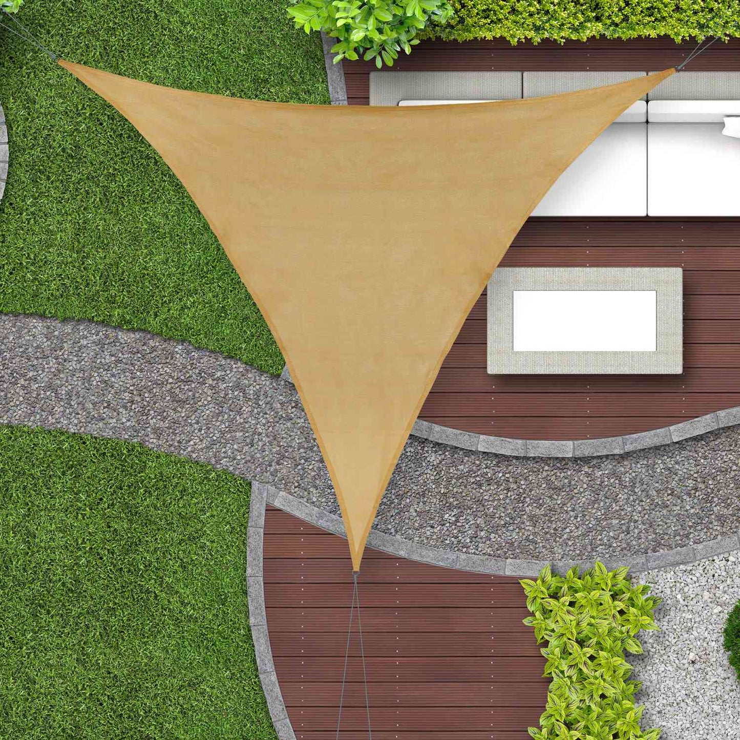 Triangular sand-coloured polyethylene sun sail