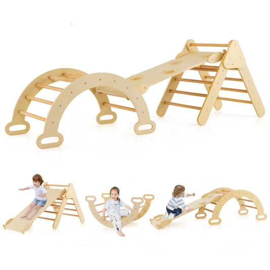 Triangular wooden climbing toy set for toddlers with natural climbing triangle