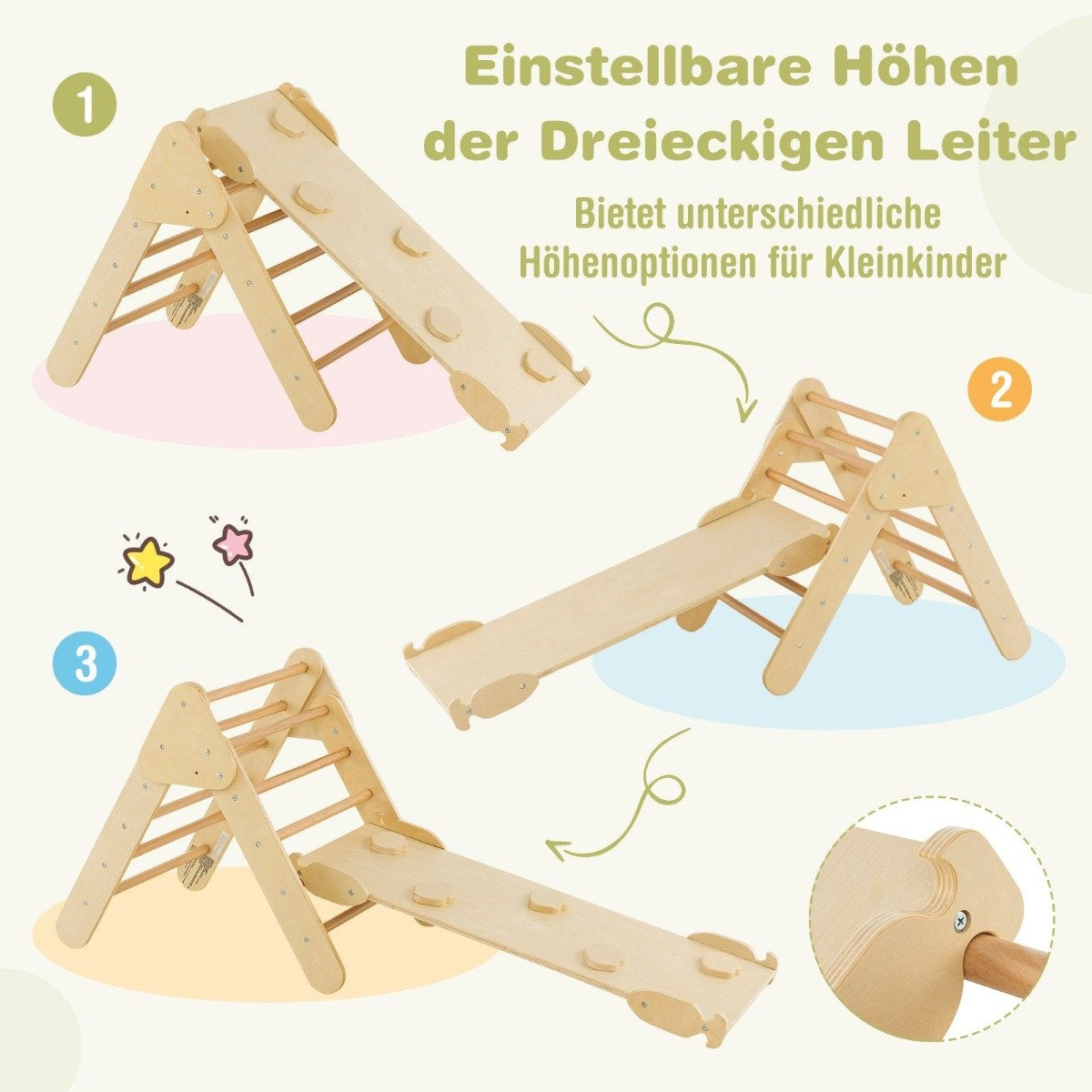 Triangular wooden climbing toy set for toddlers with natural climbing triangle