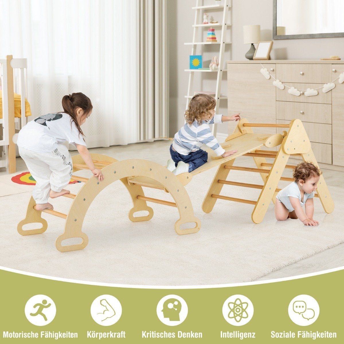 Triangular wooden climbing toy set for toddlers with natural climbing triangle