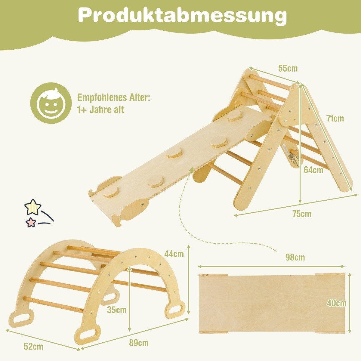 Triangular wooden climbing toy set for toddlers with natural climbing triangle