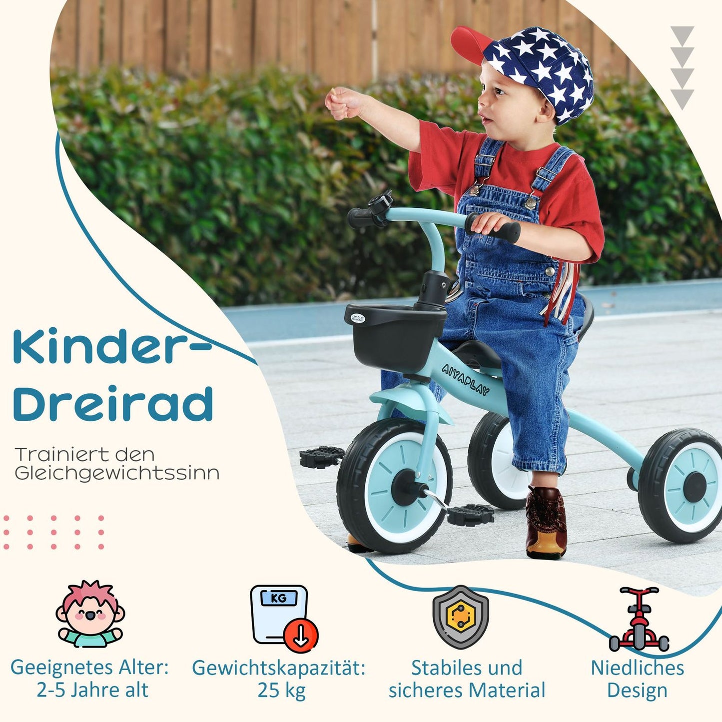 Tricycle for children with adjustable seat and basket, 2-5 years