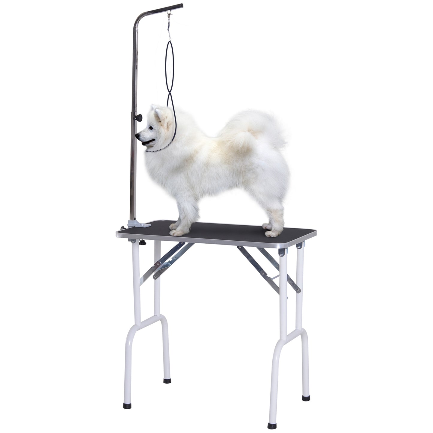 Black foldable dog grooming table, metal frame, 81x48x80 Cm
