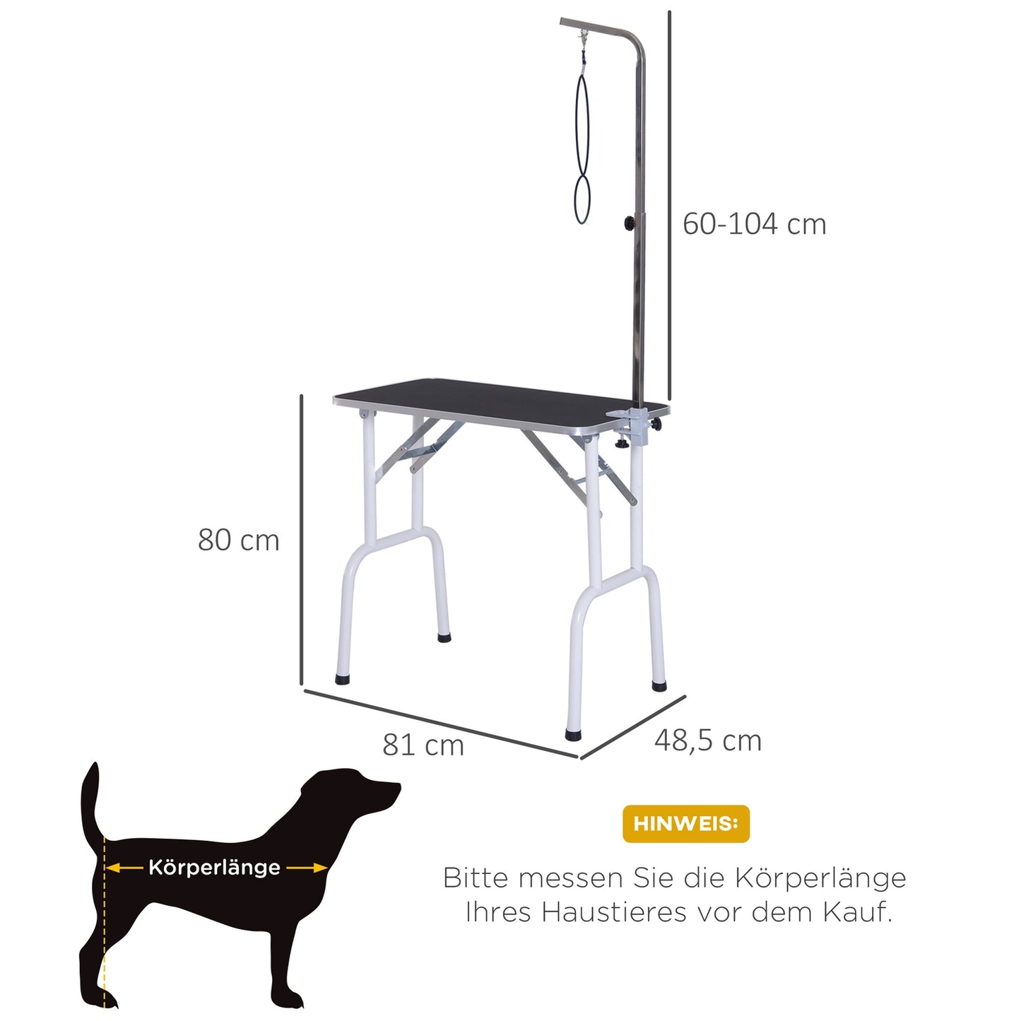Black foldable dog grooming table, metal frame, 81x48x80 Cm
