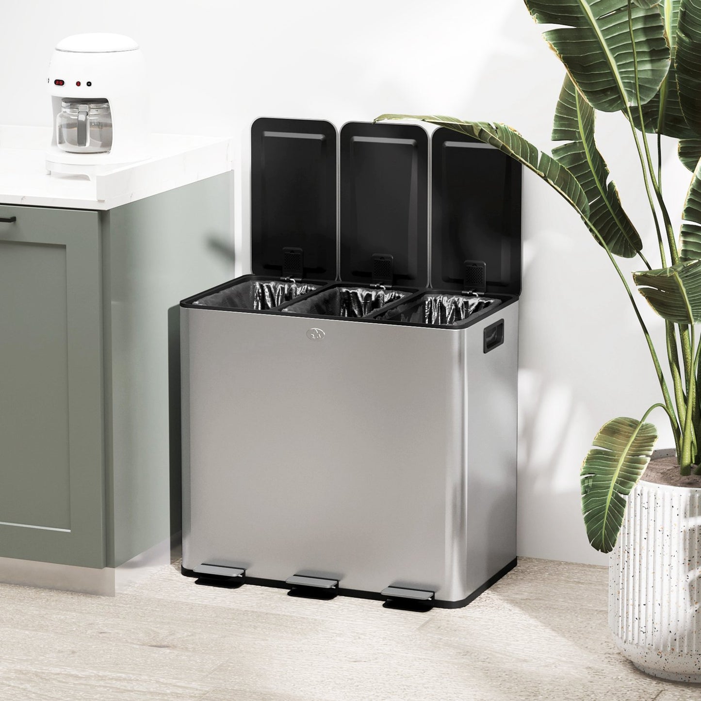 Triple Compartment Stainless Steel Kitchen Trash Bin, 45L