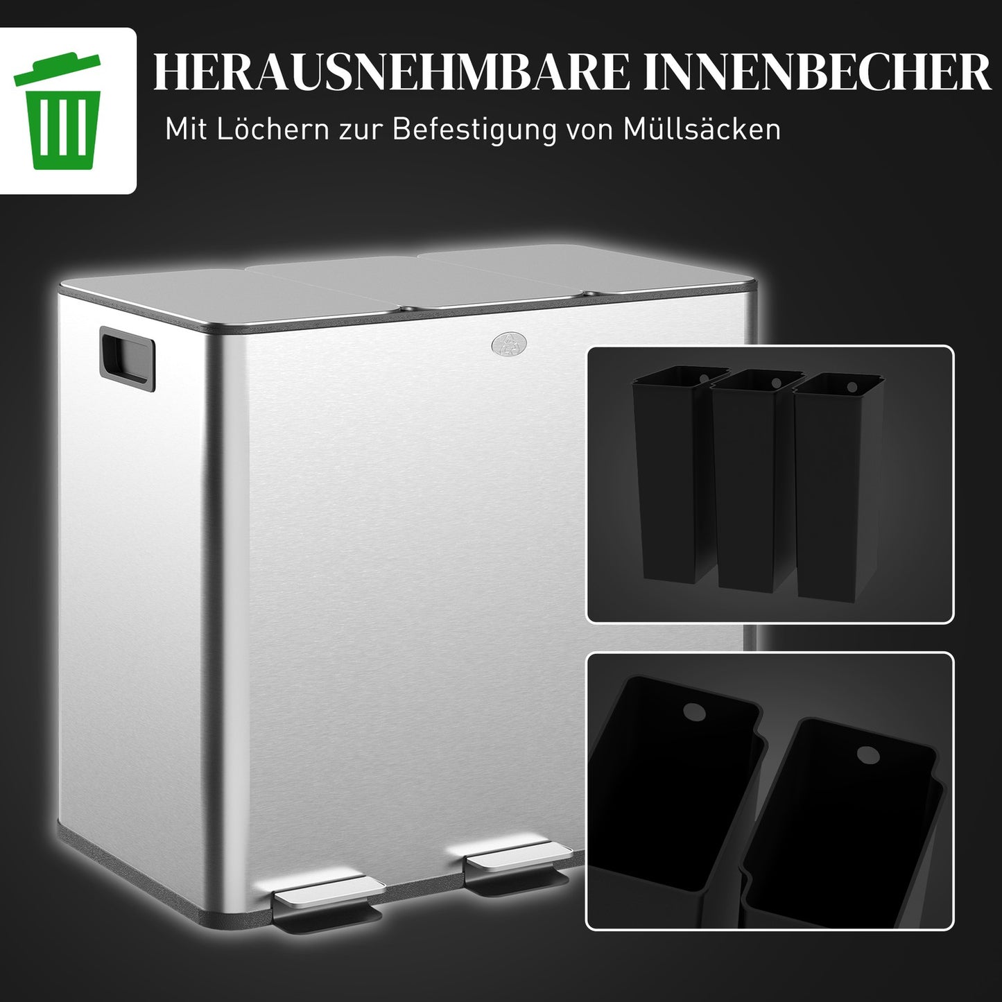 Triple Compartment Stainless Steel Kitchen Trash Bin, 45L