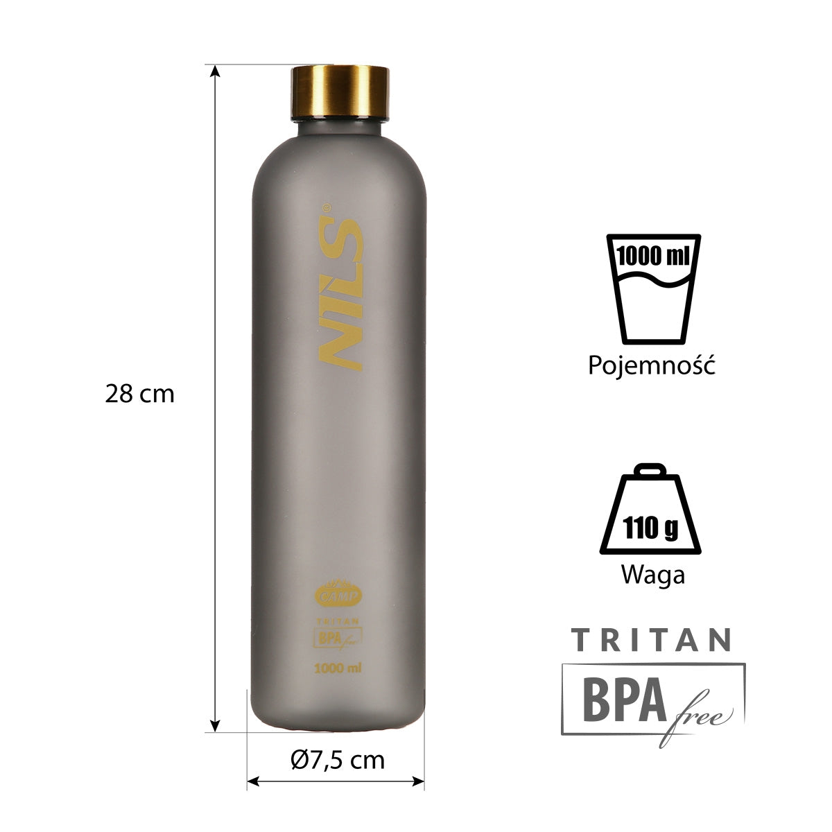 Tritan Water Bottle, Gray, 1000 ml