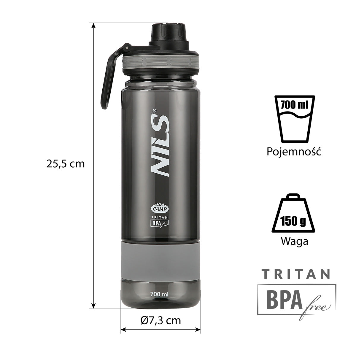 Tritan Water Bottle, Gray, 700ml