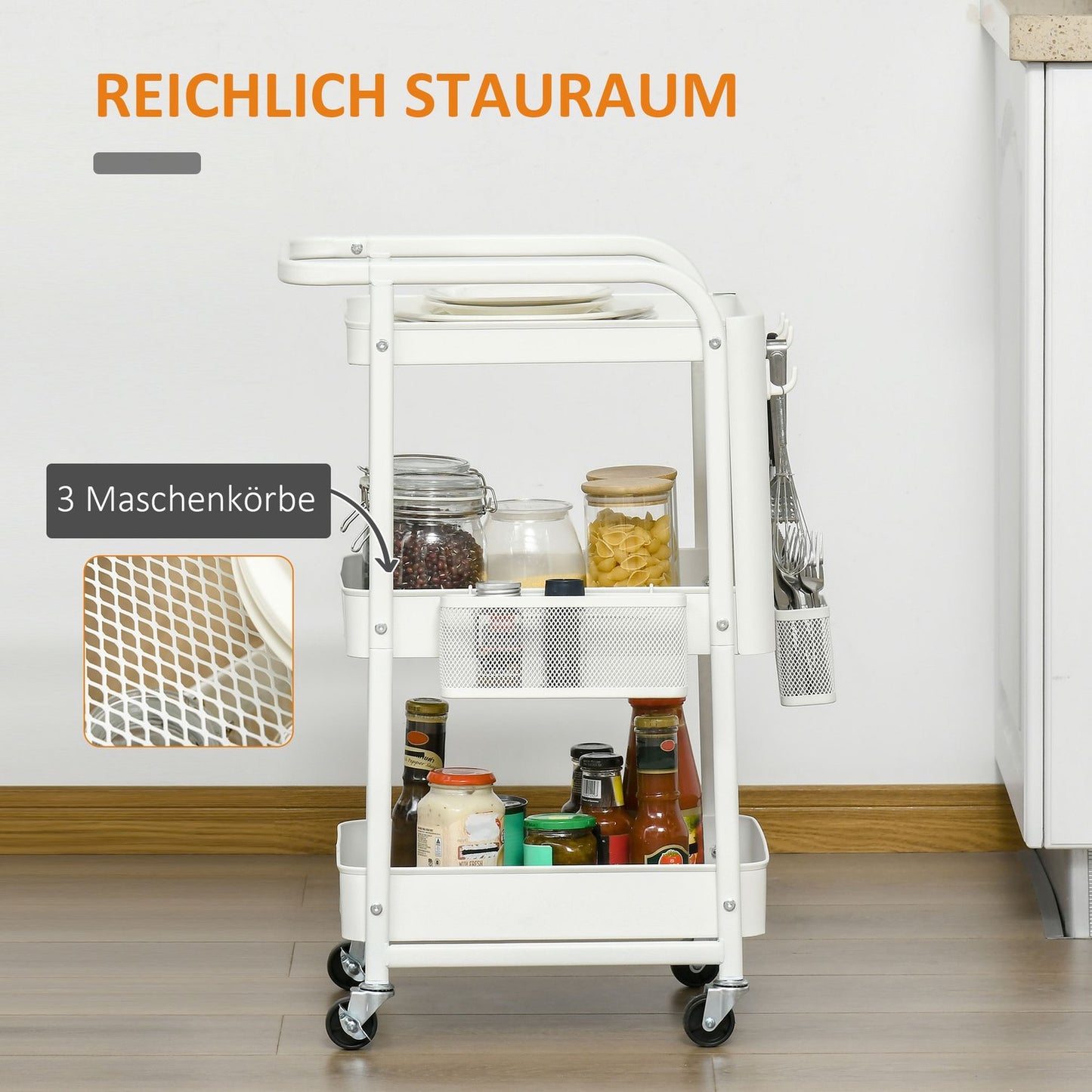 3-tier kitchen trolley with wheels, steel, white, 51.5x32x75.6cm