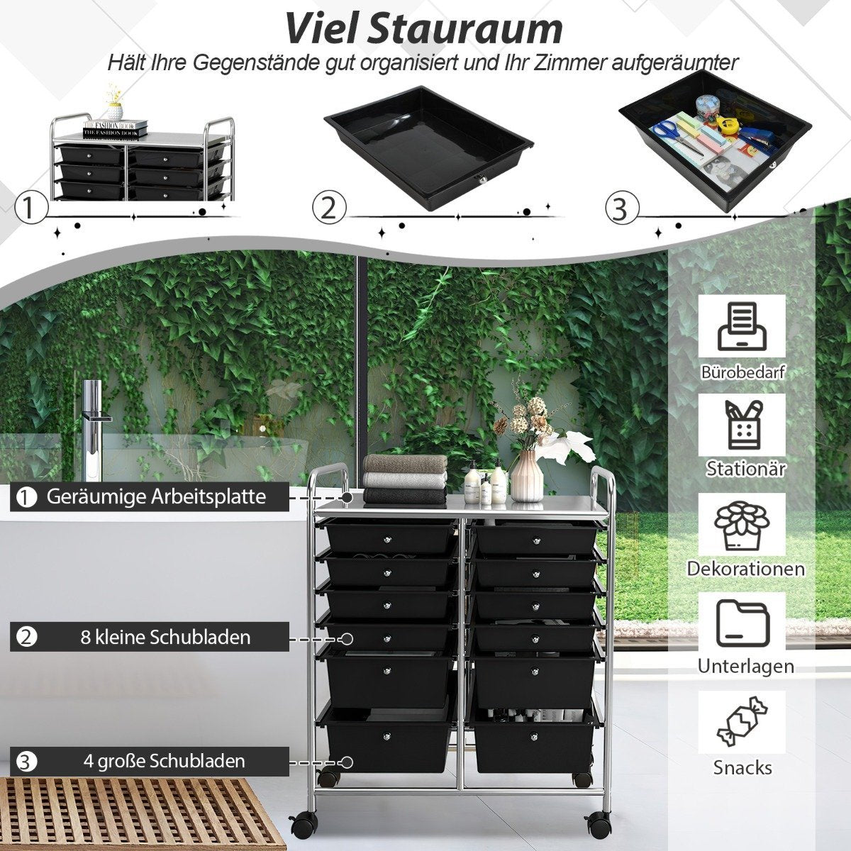 Trolley with 12 stackable drawers & metal frame & shelf black