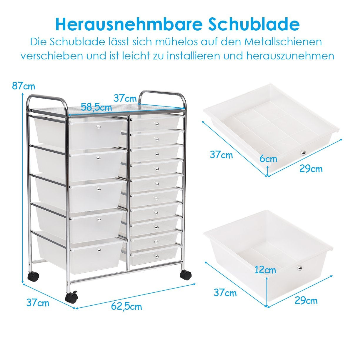Trolley with 15 stackable drawers Roll container side trolley with 15 drawers Colored/Black 63 x 37 x 87 cm-Transparent