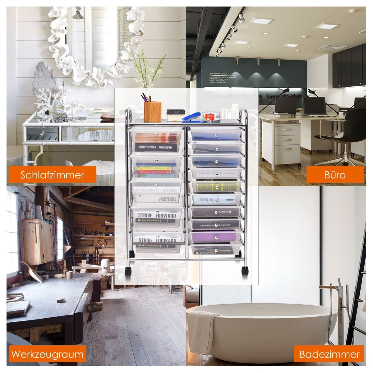 Trolley with 15 stackable drawers Roll container side trolley with 15 drawers Colored/Black 63 x 37 x 87 cm-Transparent