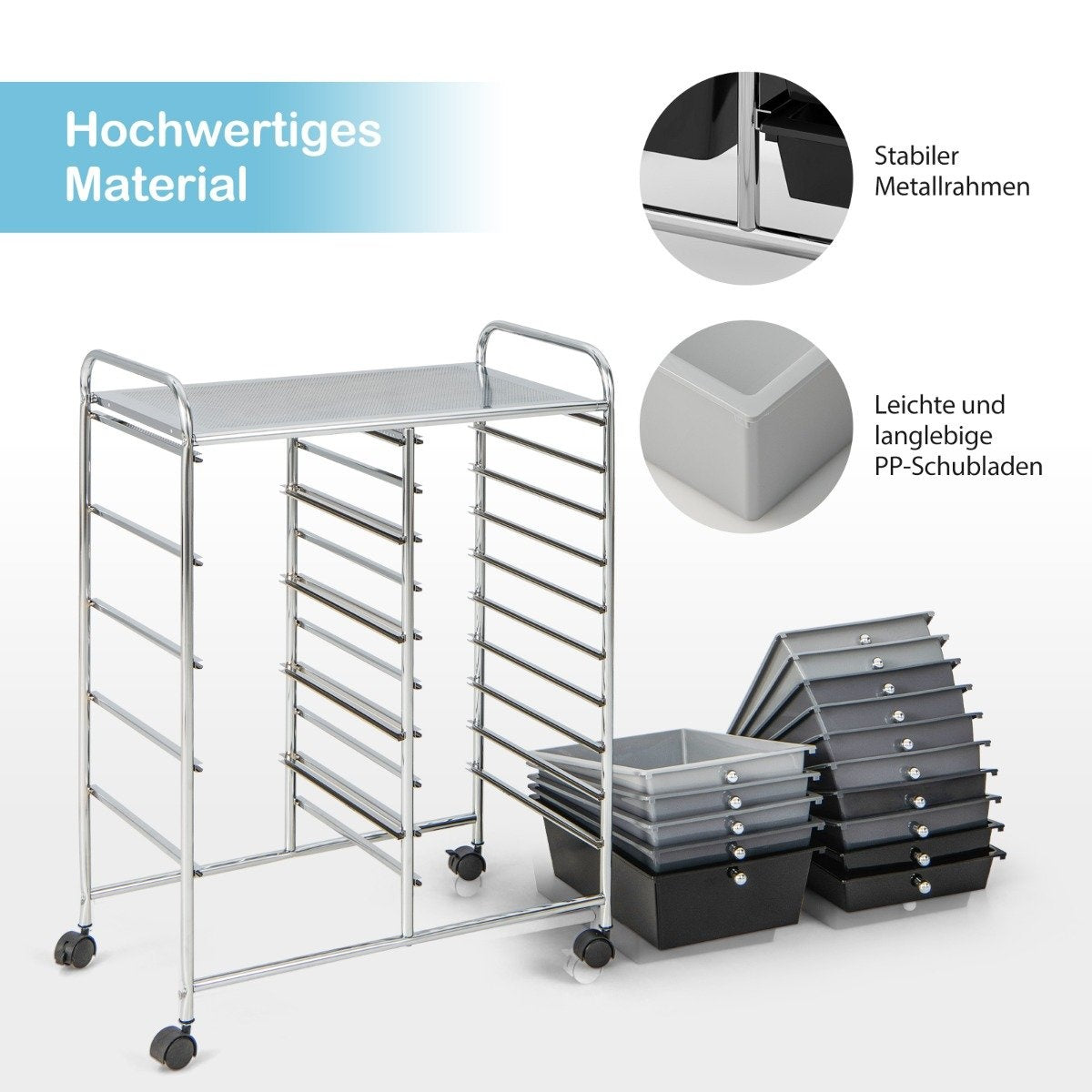 Trolley with 15 stackable drawers Roll container side trolley with 15 drawers silver 62.5 x 37 x 87 cm
