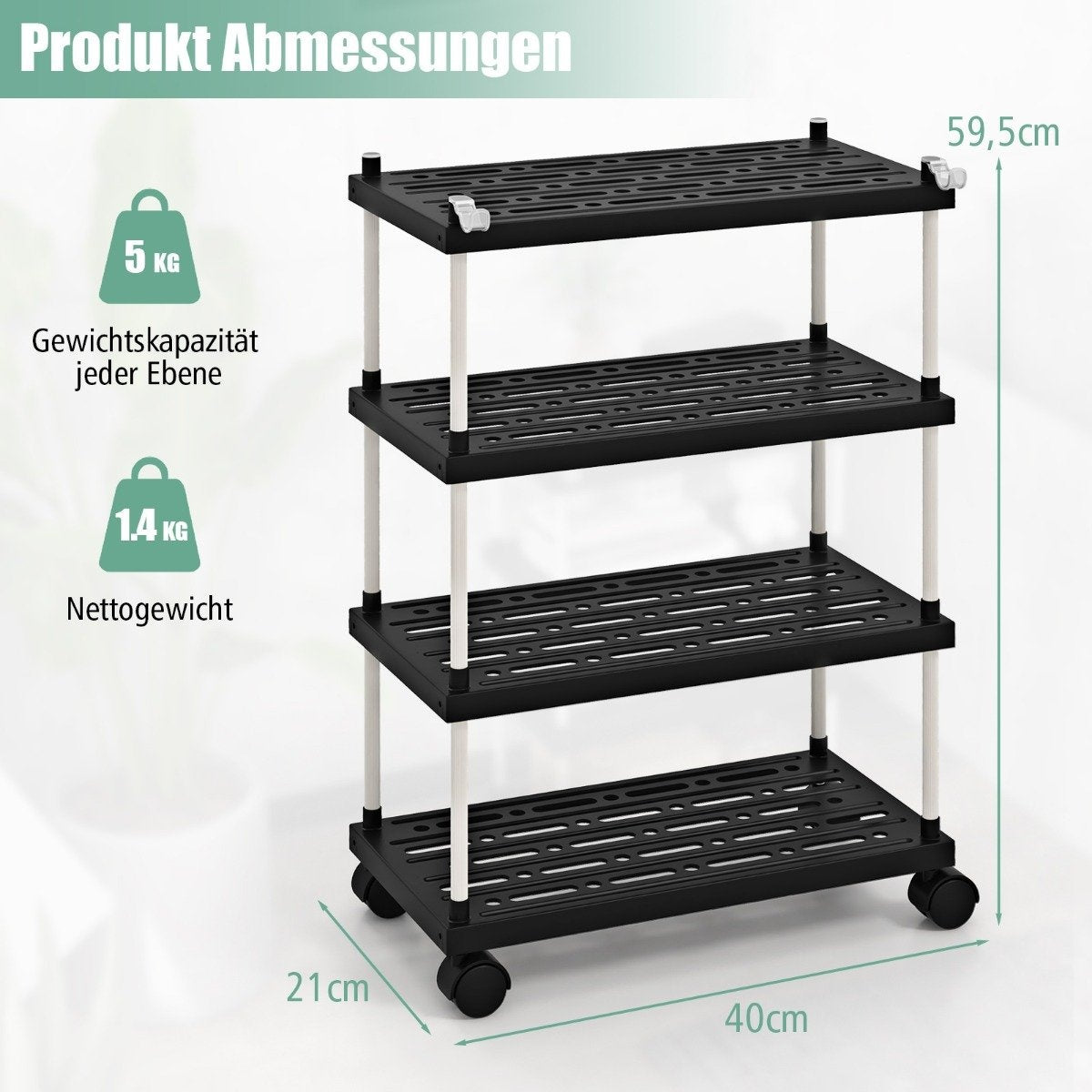 Trolley with 4 levels niche shelf with wheels and side hooks black 40 x 21 x 59.5 cm
