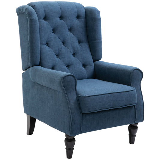 Blue tufted Wingback chair with arms, wooden legs - 160 kg capacity