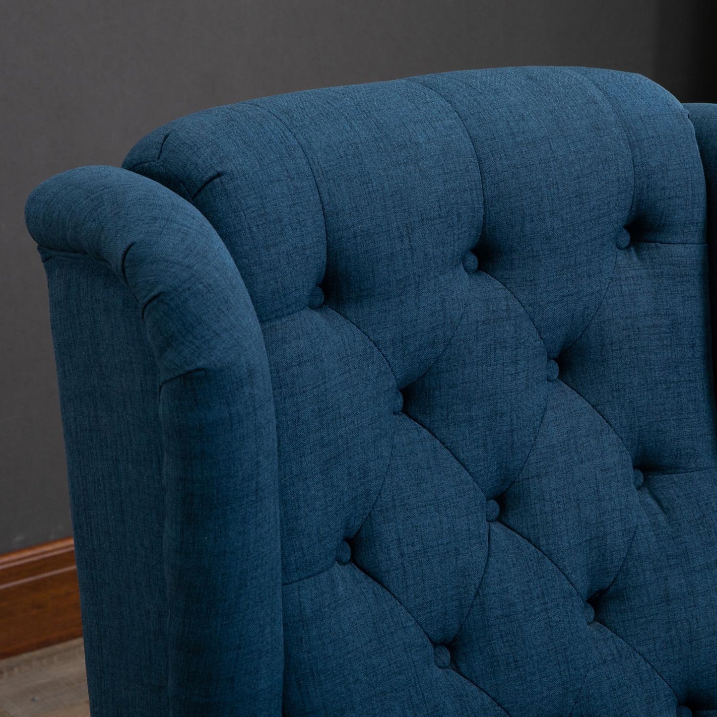 Blue tufted Wingback chair with arms, wooden legs - 160 kg capacity