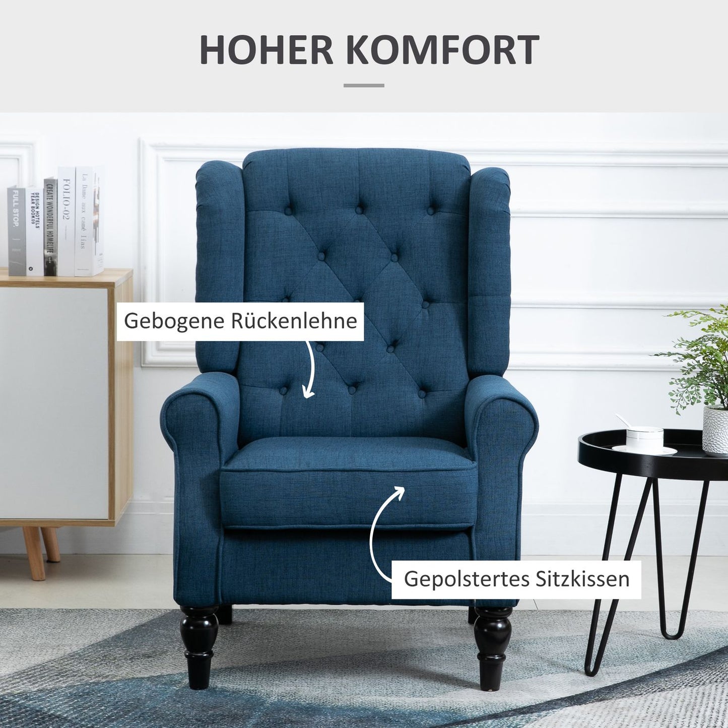 Blue tufted Wingback chair with arms, wooden legs - 160 kg capacity