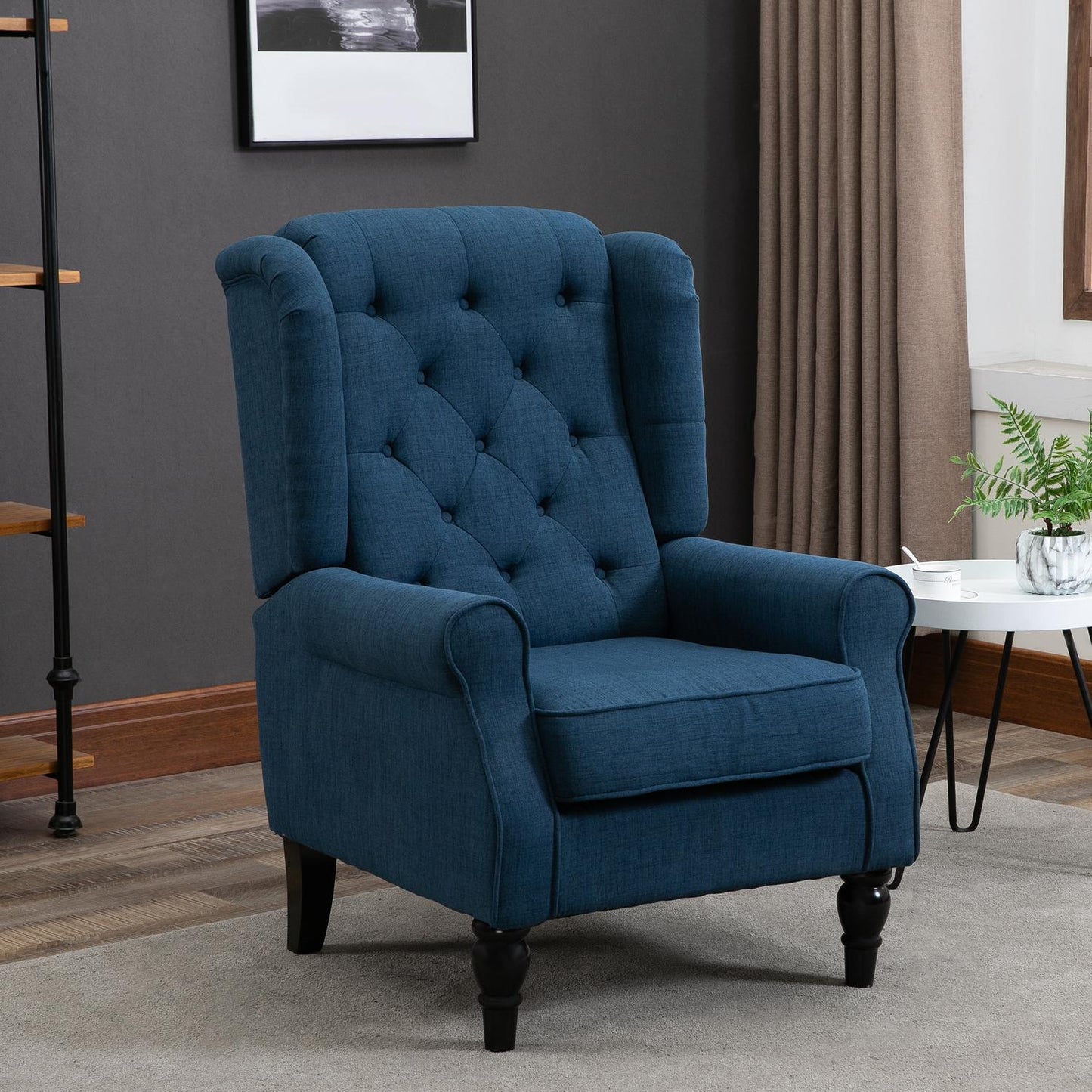 Blue tufted Wingback chair with arms, wooden legs - 160 kg capacity