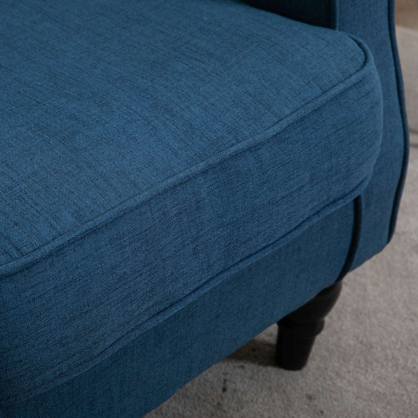 Blue tufted Wingback chair with arms, wooden legs - 160 kg capacity