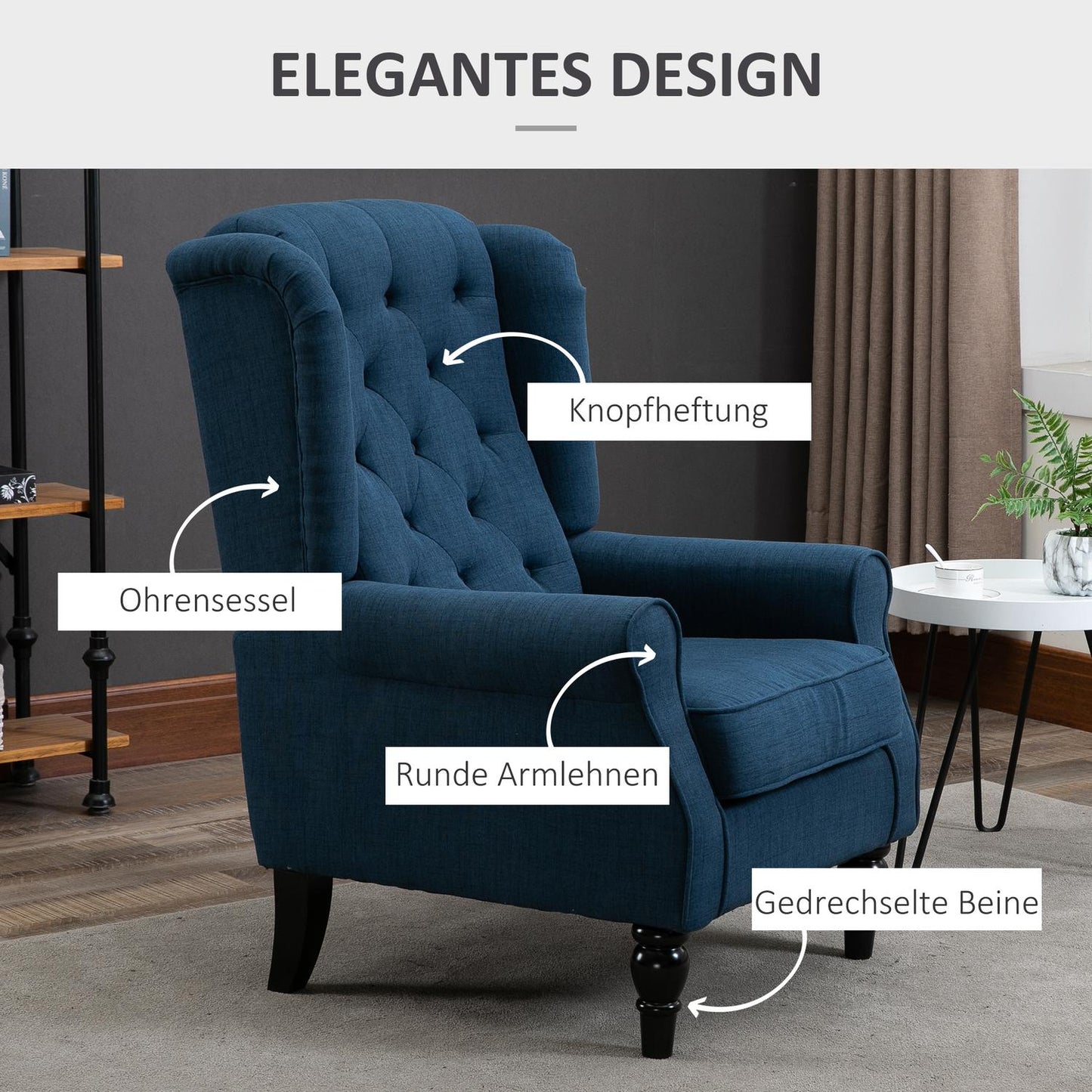 Blue tufted Wingback chair with arms, wooden legs - 160 kg capacity