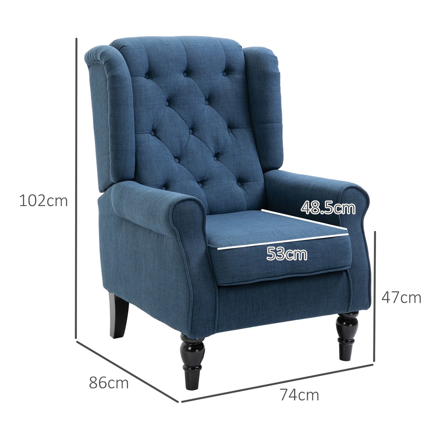 Blue tufted Wingback chair with arms, wooden legs - 160 kg capacity