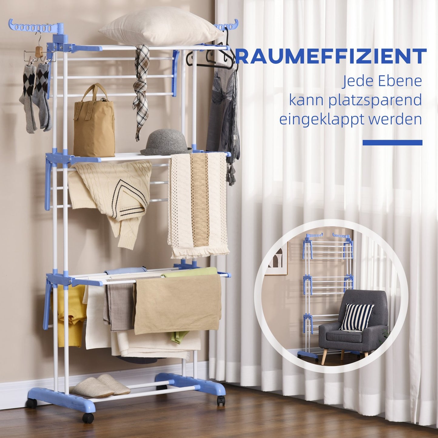 Pull-out dryer with wheels - steel blue