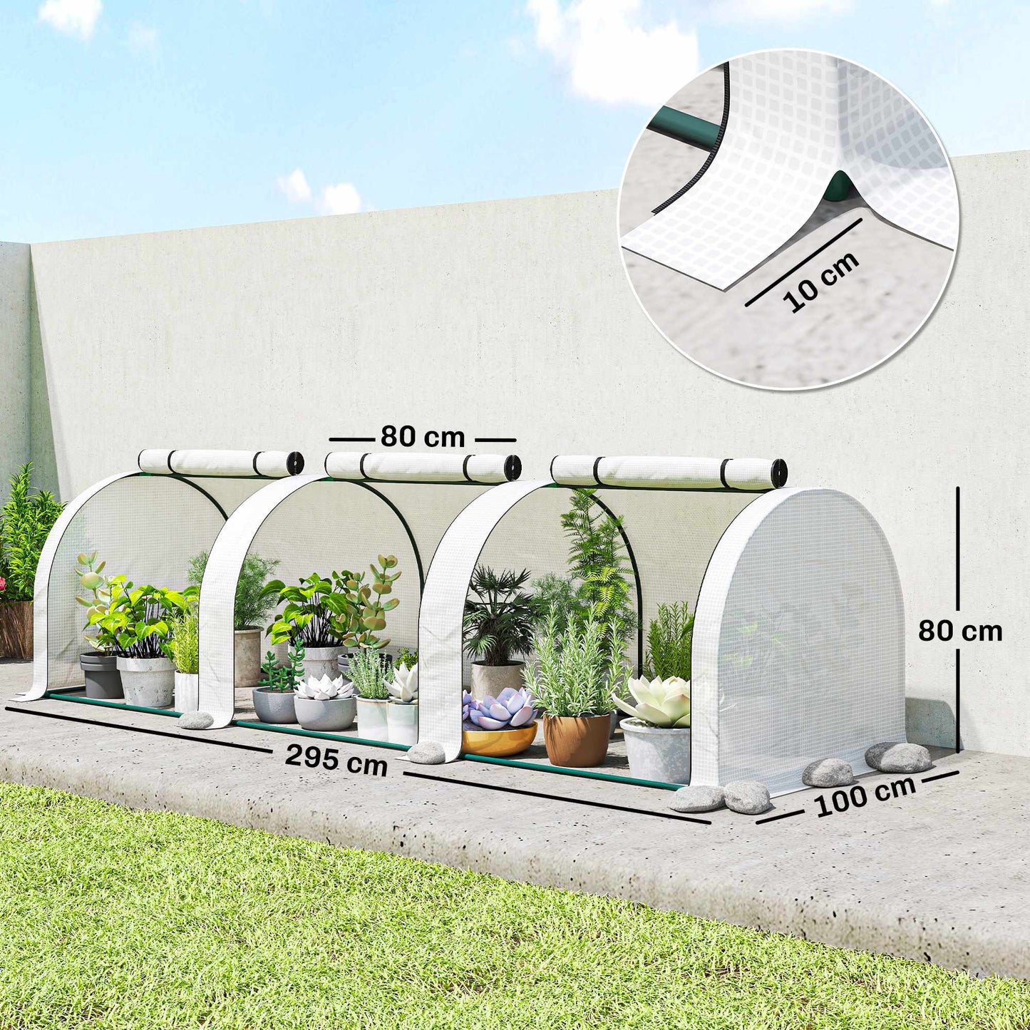 Tunnel Greenhouse with 3 Zipper Windows, Steel Frame, 295x100x80 cm