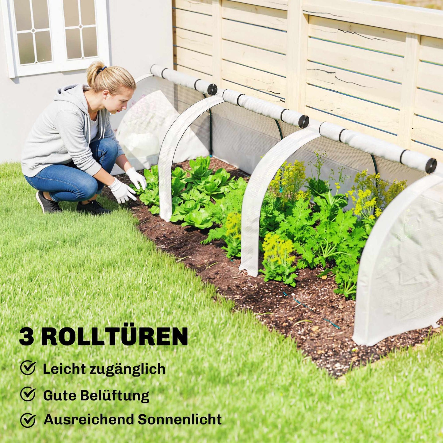 Tunnel Greenhouse with 3 Zipper Windows, Steel Frame, 295x100x80 cm