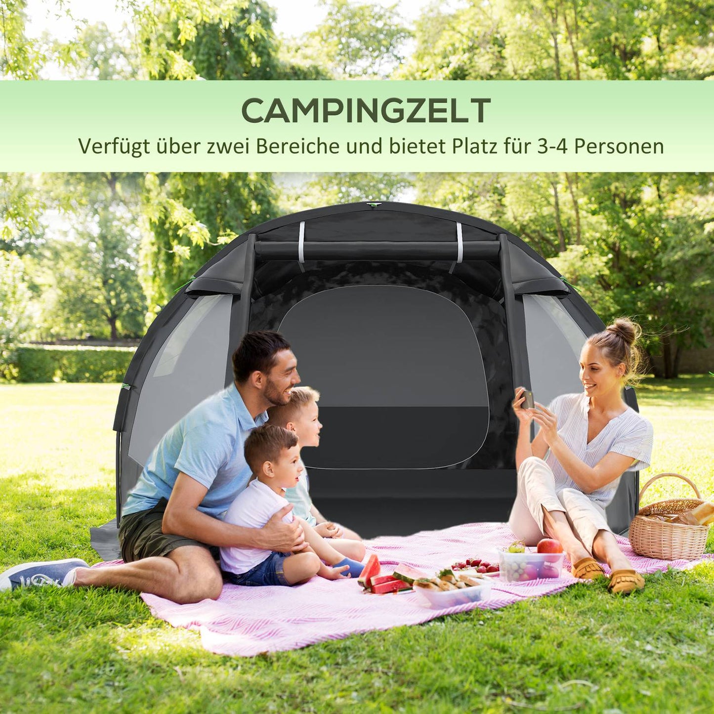4-person tunnel tent, 2 rooms, UV protection, waterproof