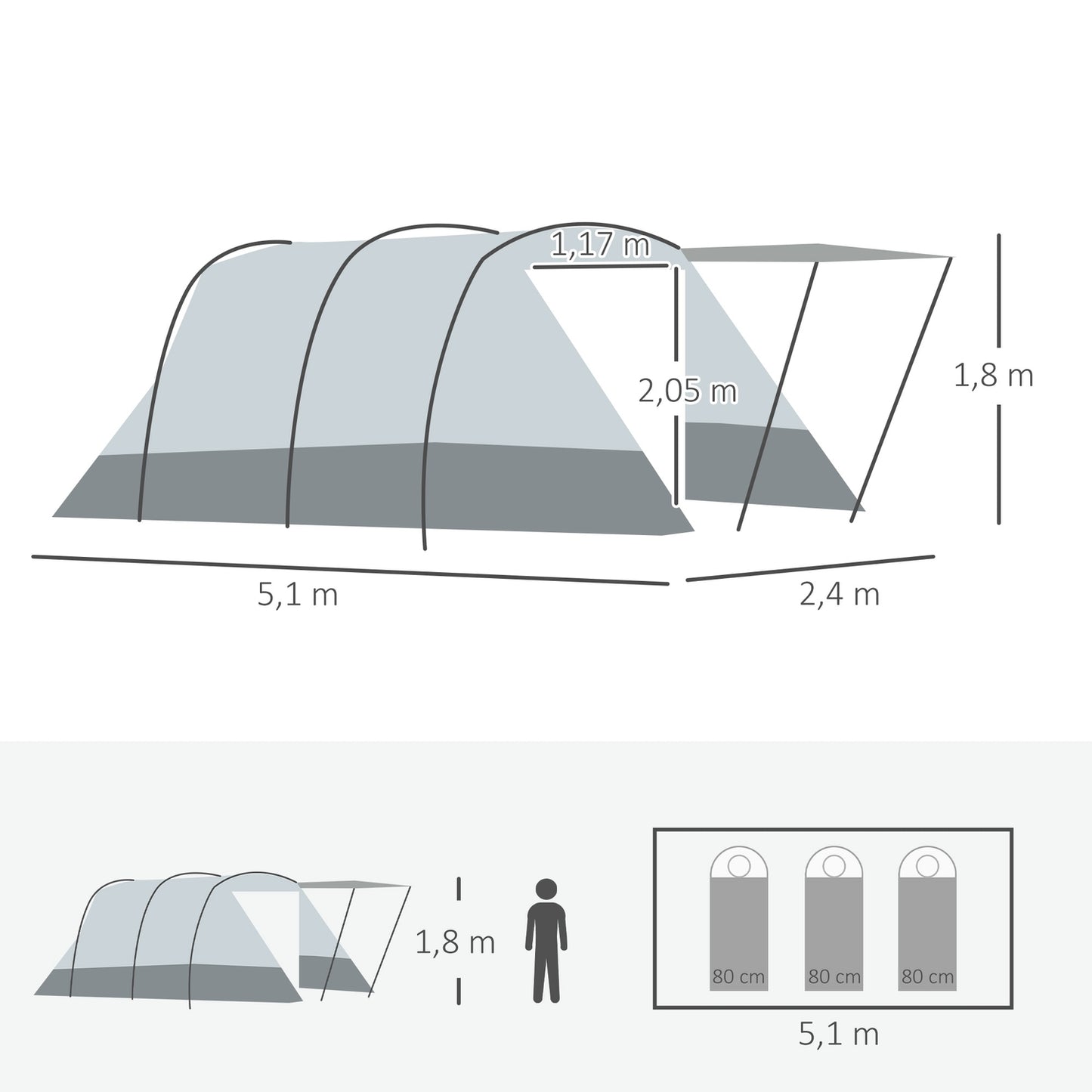 Tunnel camping tent for 8 people with sleeping cabin and living room