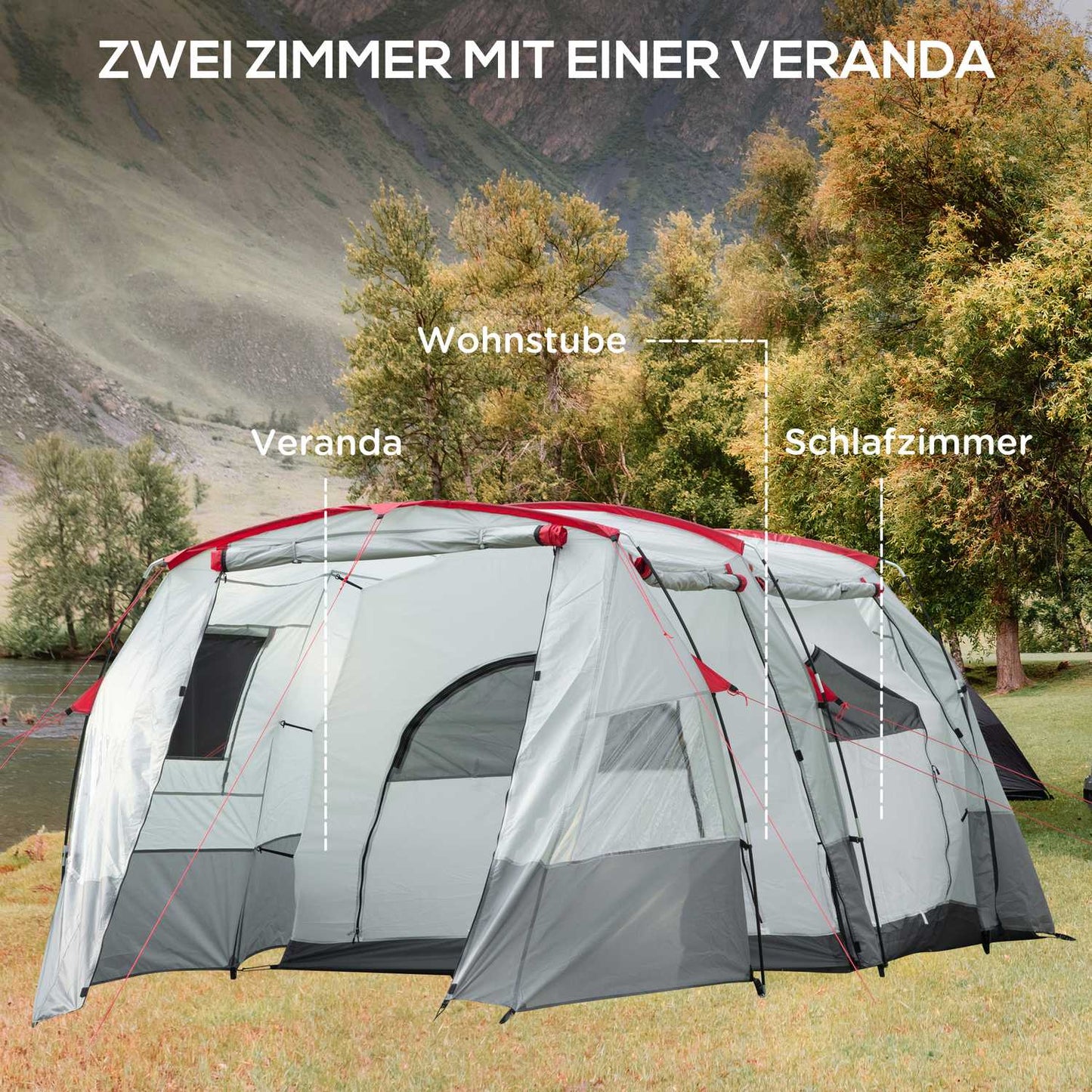 Tunnel camping tent for 8 people with sleeping cabin and living room