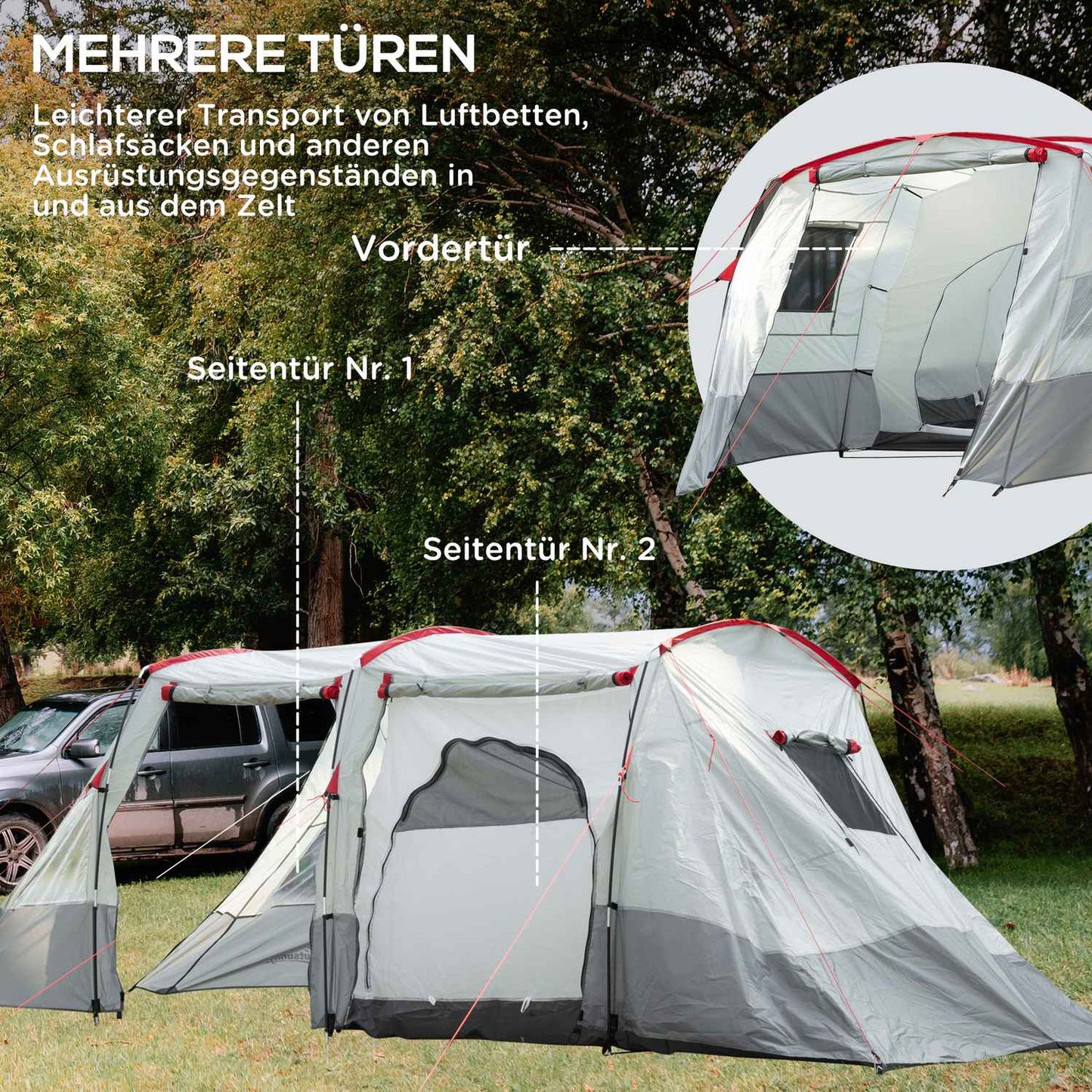 Tunnel camping tent for 8 people with sleeping cabin and living room