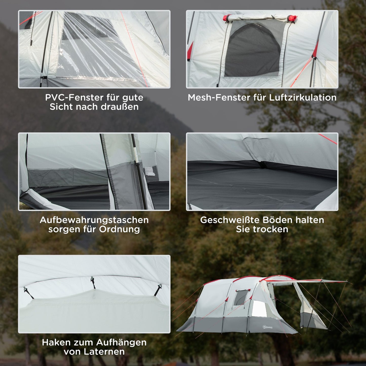 Tunnel camping tent for 8 people with sleeping cabin and living room