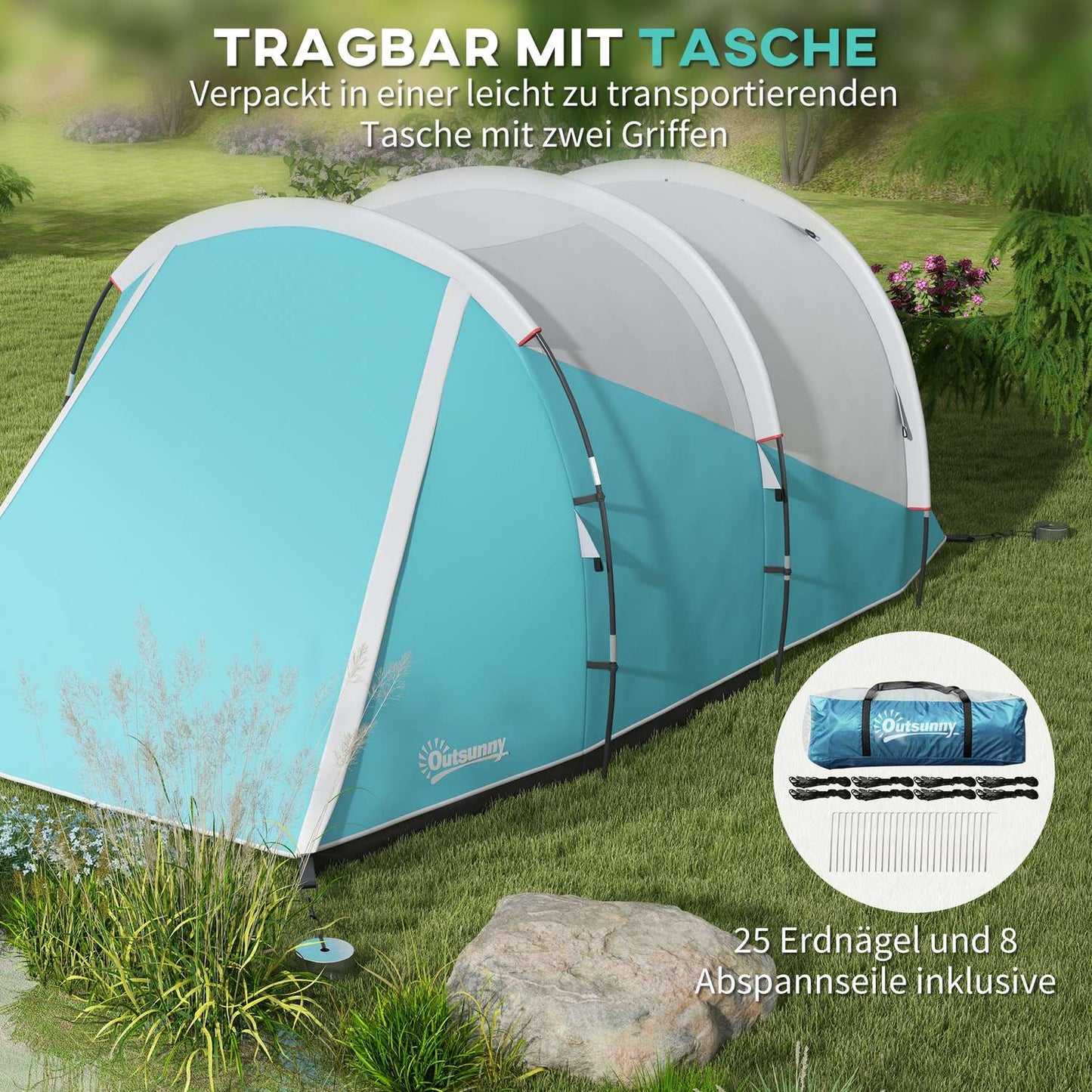 Camping tent for 5, 2 rooms, waterproof, carry bag