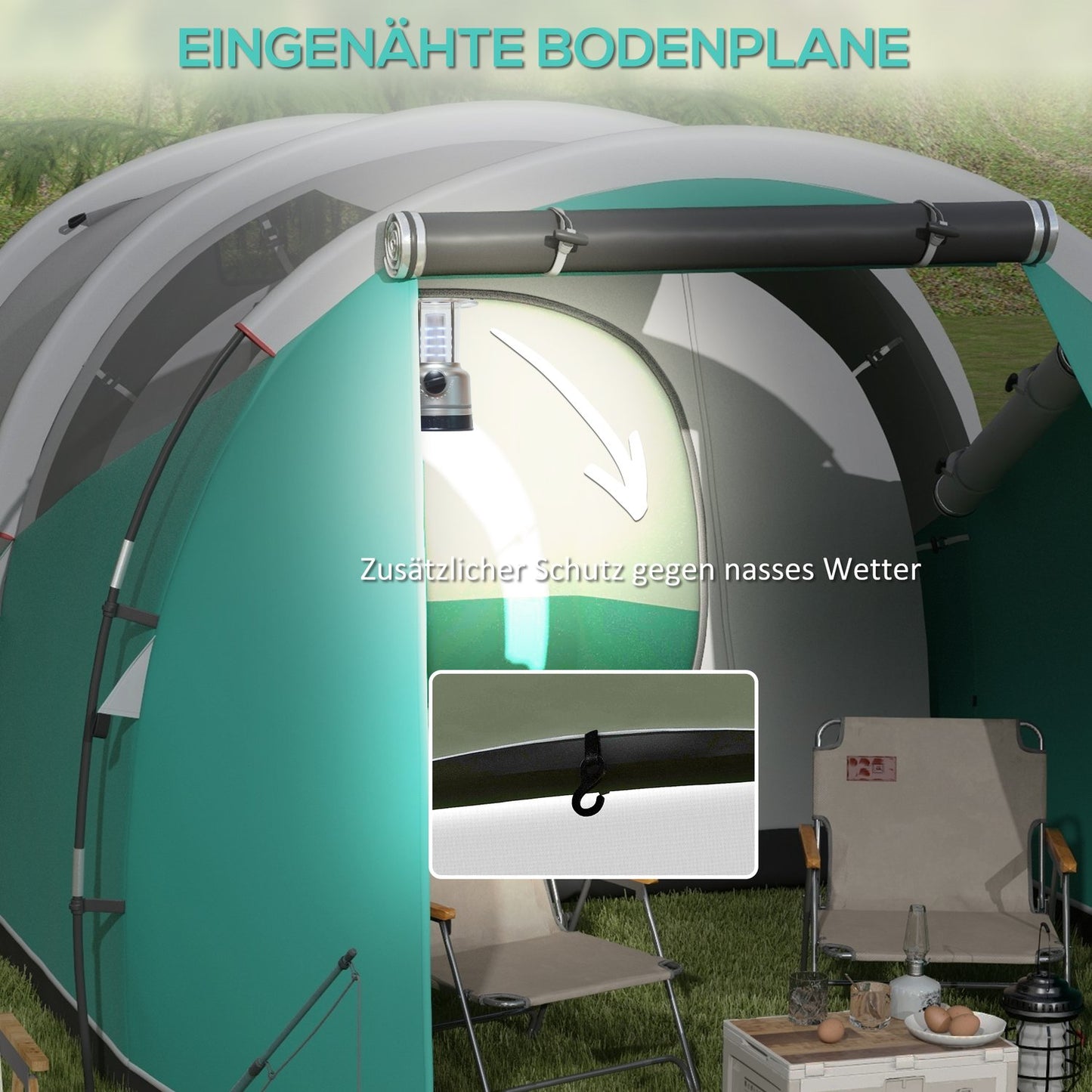 5-person family camping tent, 2 rooms, waterproof, green