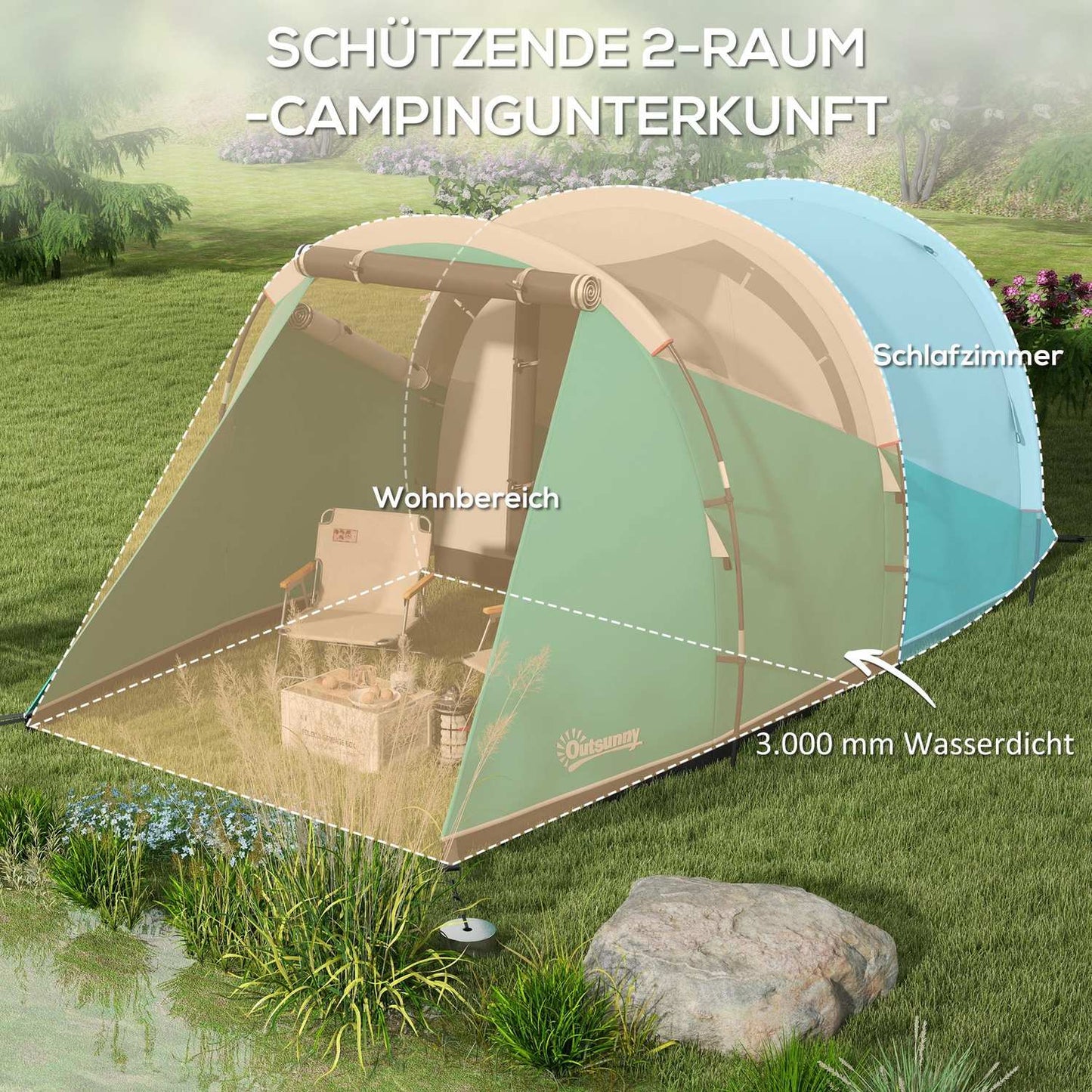 5-person family camping tent, 2 rooms, waterproof, green