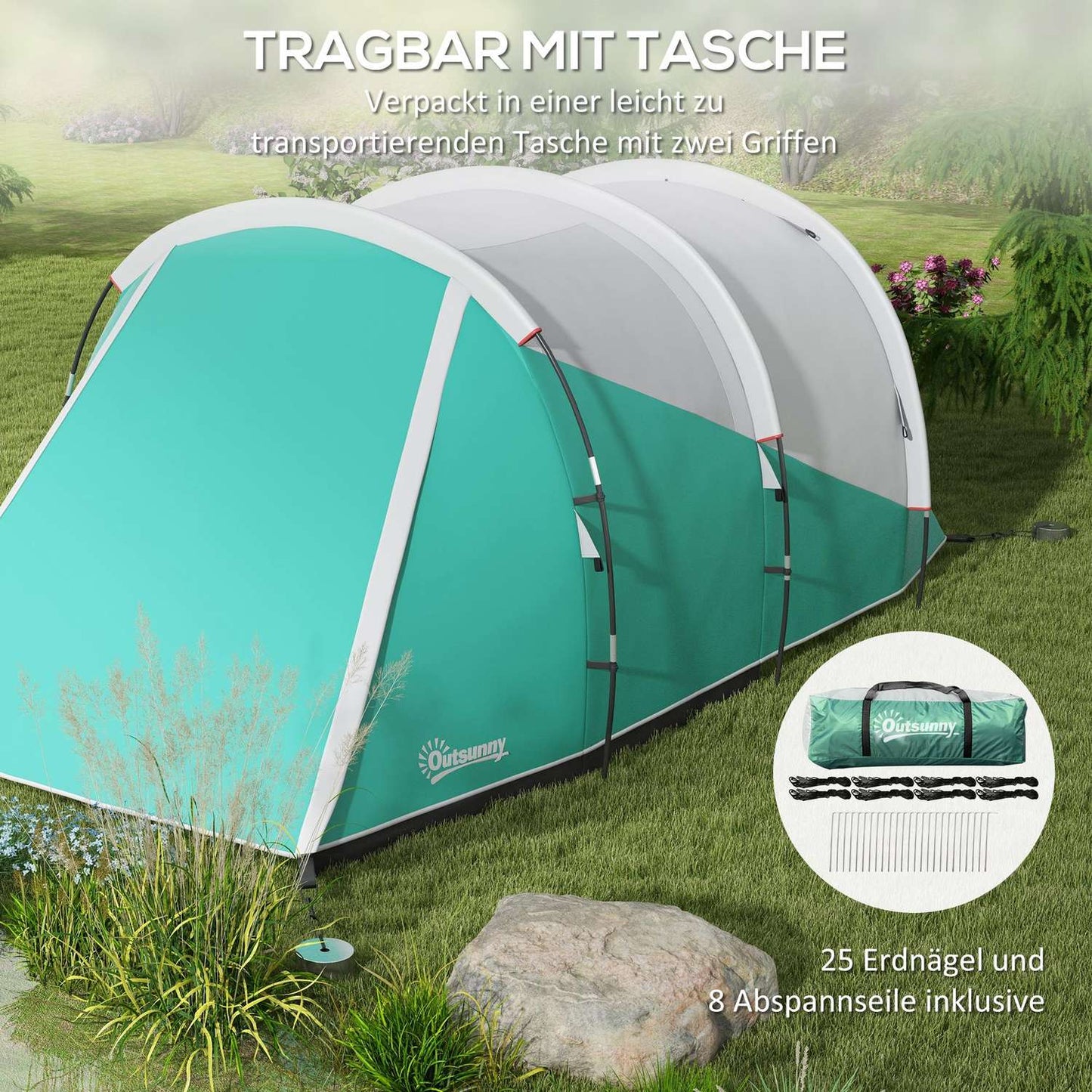 5-person family camping tent, 2 rooms, waterproof, green