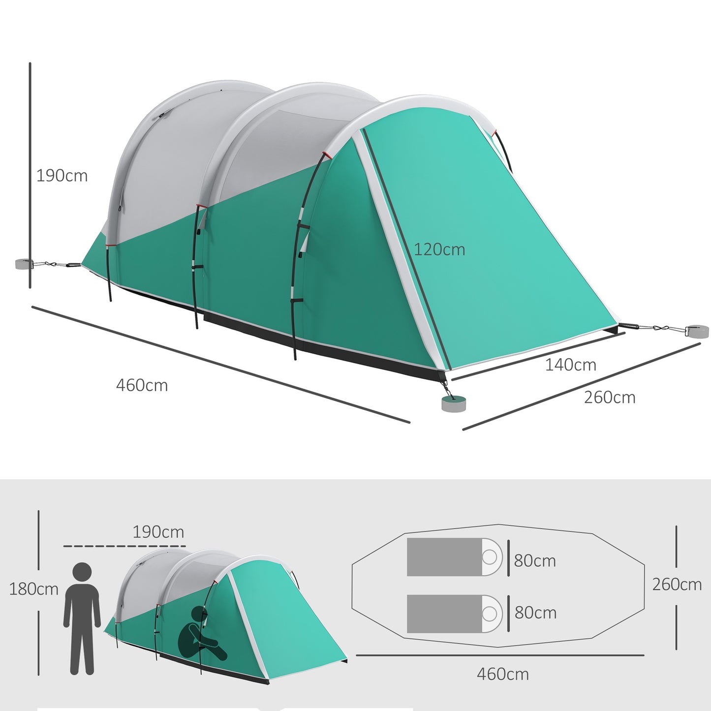 5-person family camping tent, 2 rooms, waterproof, green
