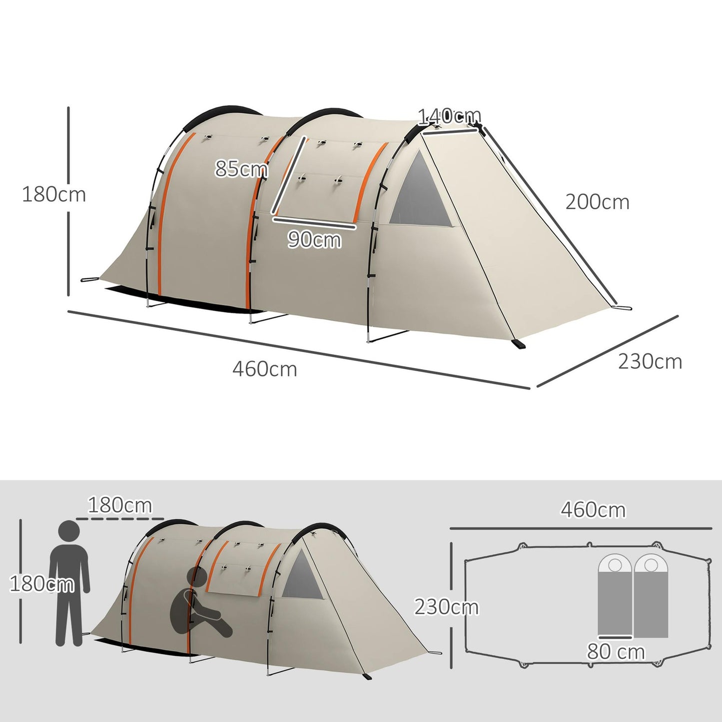Camping tunnel tent - 5 people, 2 rooms, khaki, waterproof