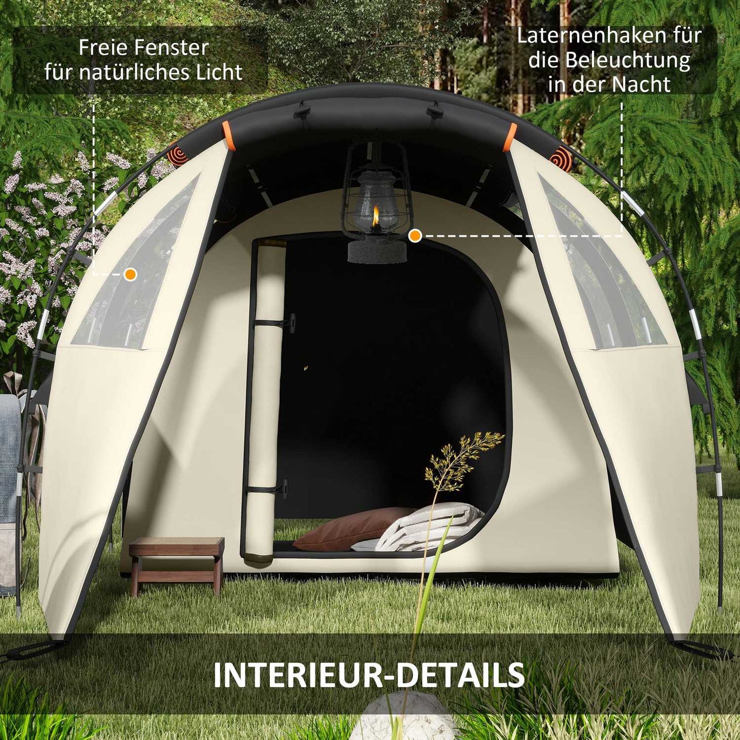 Camping tunnel tent - 5 people, 2 rooms, khaki, waterproof
