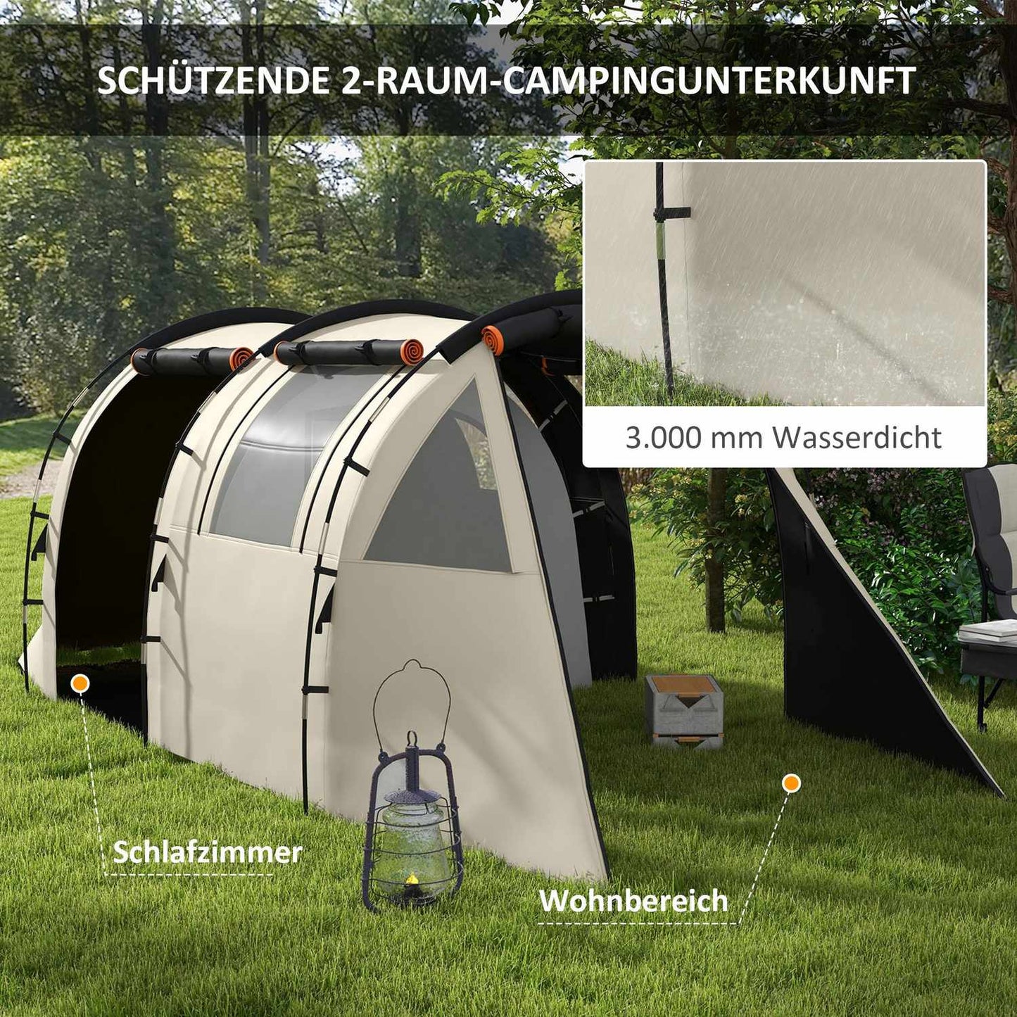 Camping tunnel tent - 5 people, 2 rooms, khaki, waterproof